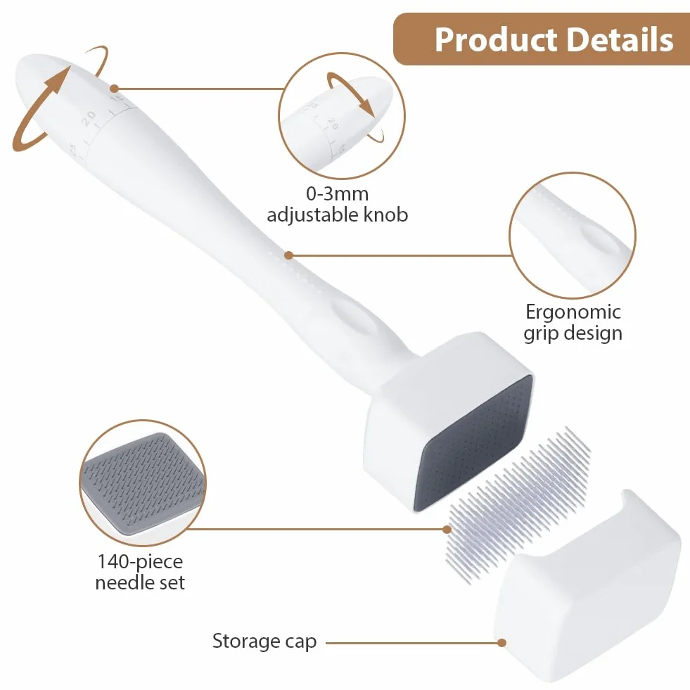 Flintronic Microneedling twarzy, 0-3 mm Derma Roller, regulowany Dermastamp, z 140 tytanowymi igłami, gładka pielęgnacja skóry w domu, do skóry, włosów, zmarszczek, rozstępów (biały)