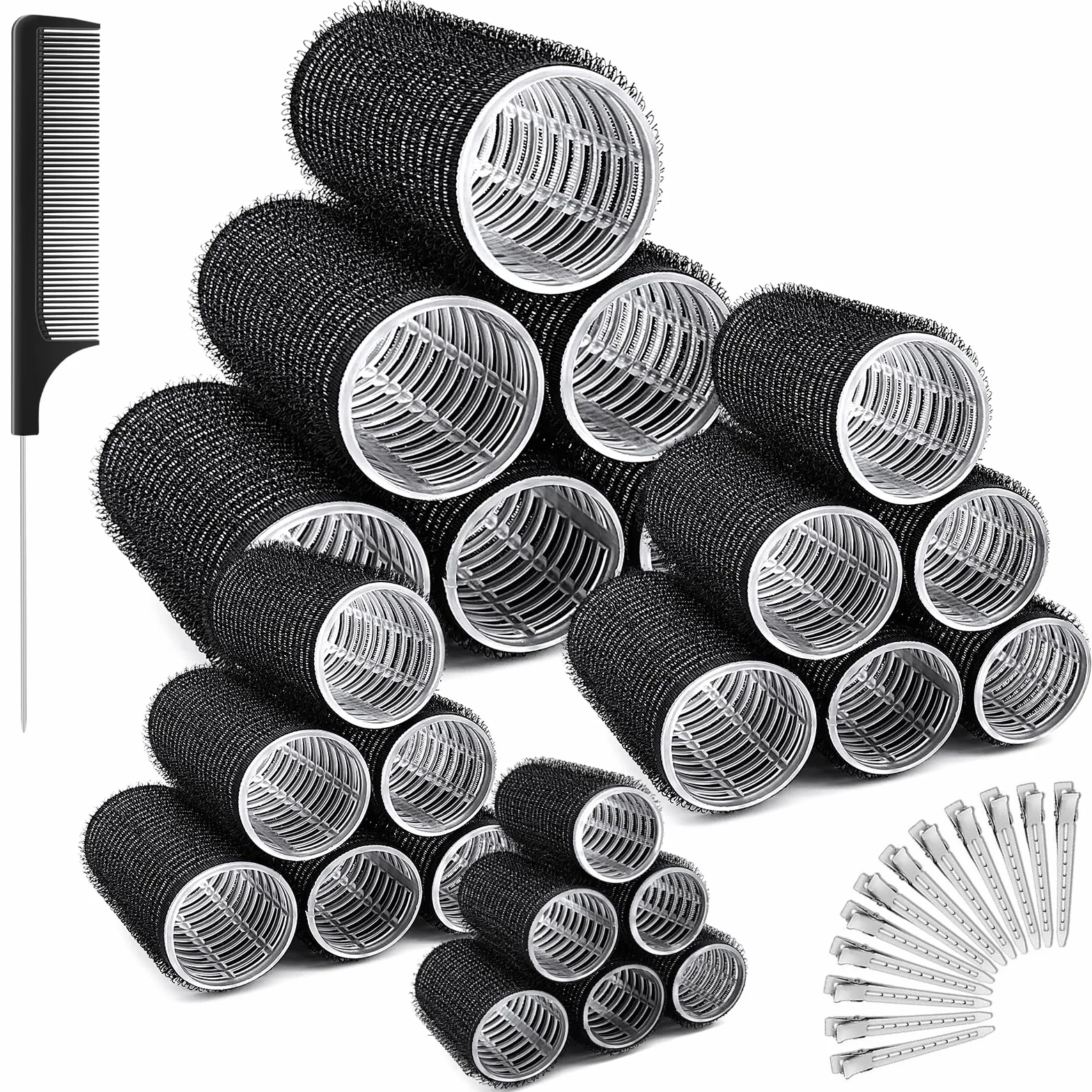 Zestaw 36 wałków do włosów 64 mm 48 mm 36 mm 25 mm samoprzylepne lokówki z 12 spinkami