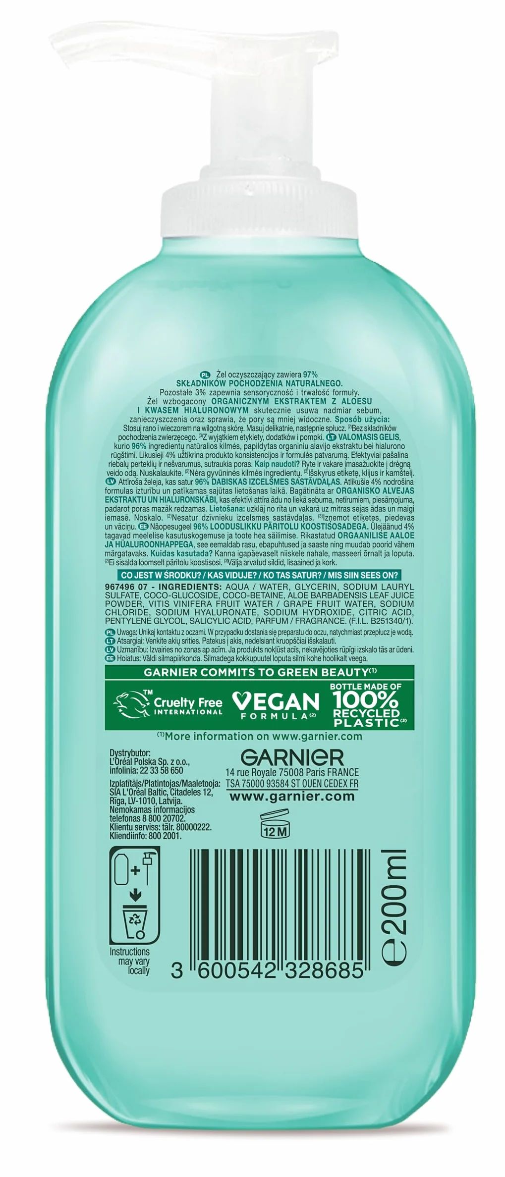 Garnier Skin Naturals Hyaluronic Aloe Żel oczyszczający, każdy typ skóry, nawet wrażliwa, 200 ml