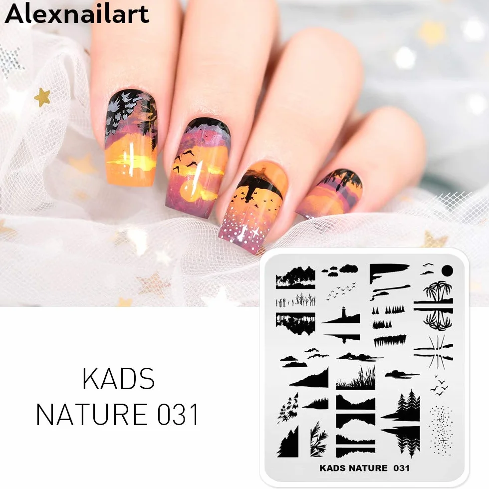 Tłoczenie paznokci talerz obraz szablon natura sceneria zachód słońca gwiaździste niebo drzewo kokosowe jezioro odbicie wzory stempel zdobienie paznokci dekoracja DIY manicure design narzędzie do drukowania