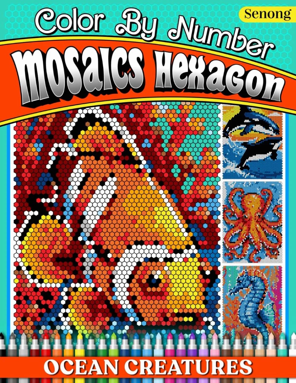 Ocean Creatures Mosaics Hexagon Color by Number: 50 Intricate Artworks for Stress Relief and Relaxation