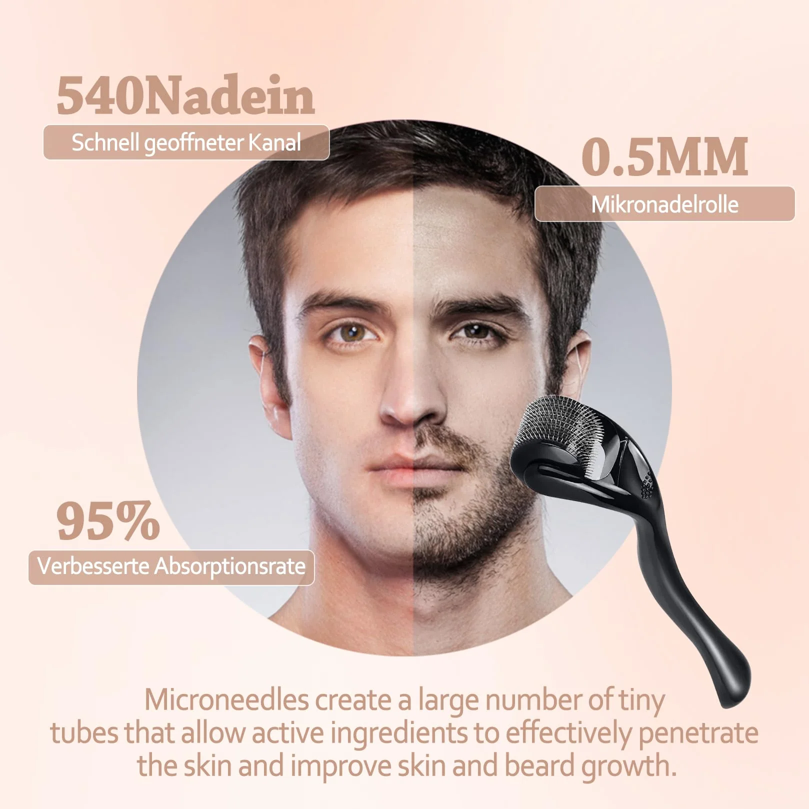 Wałek do blizn Wałek do brody Derma roller Wałek do mikroigieł z 540 igłami Do wzrostu brody Pielęgnacja skóry twarzy Anti-Aging Przeciwzmarszczkowe usuwanie blizn