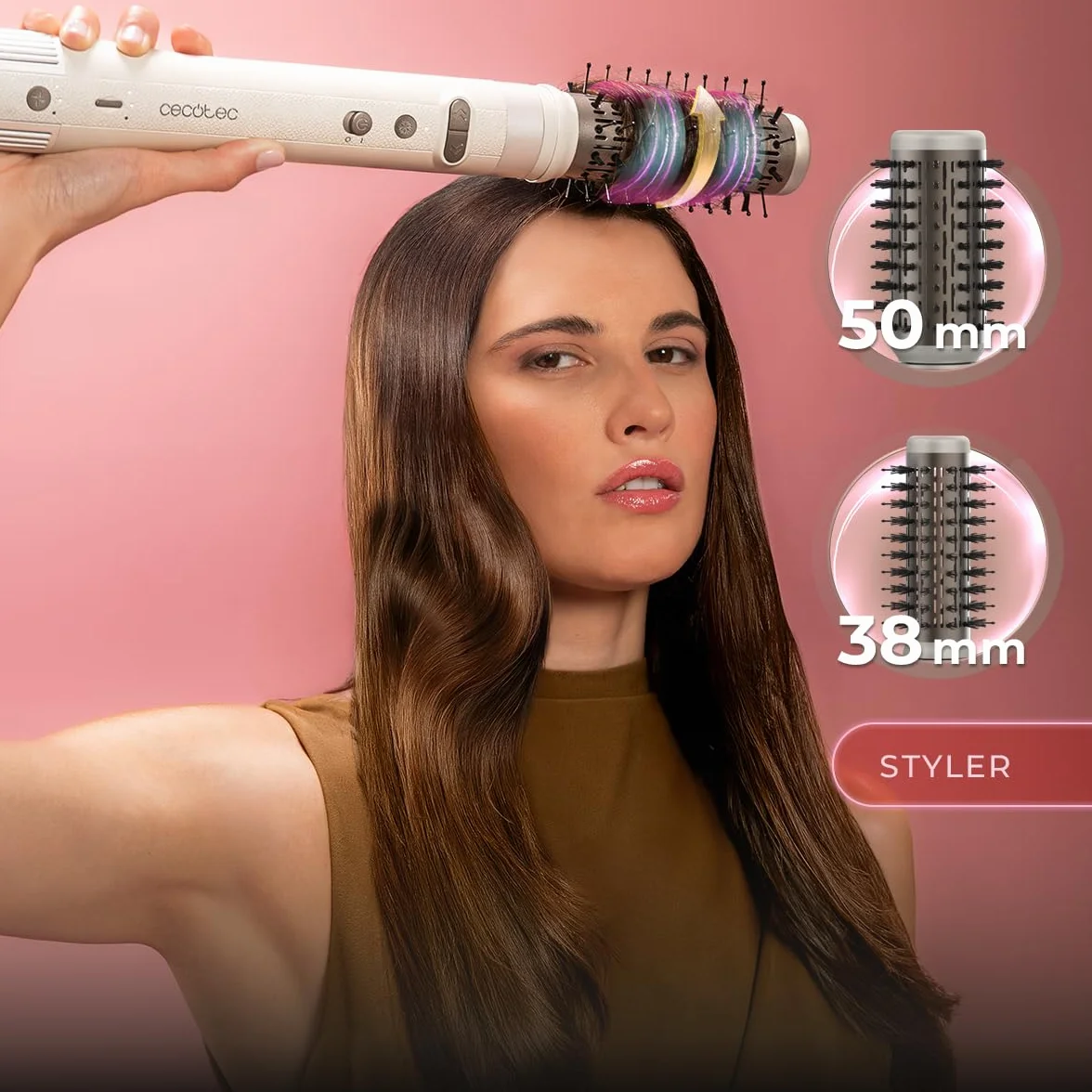 Cecotec 8 głowic CeramicCare 8 w 1 AirGlam Gyro Champagne. 1500W, 110000RPM, wygładzanie, formowanie i kręcenie włosów, silnik szczotkowy, funkcja obrotowa, powłoka ceramiczna i keratynowa