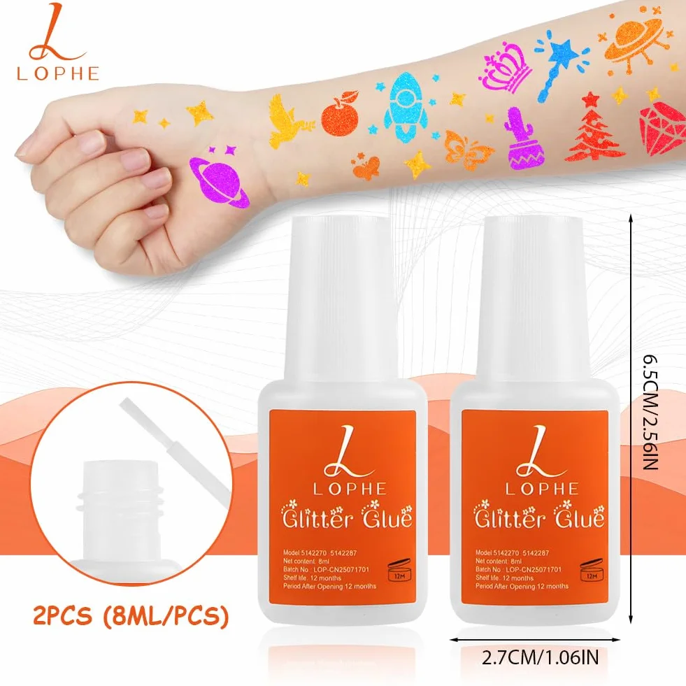LOPHE Klej do brokatowych tatuaży, 2 x 8 ml, klej do tatuażu, klej brokatowy do ciała, na karnawał, Halloween, make-up