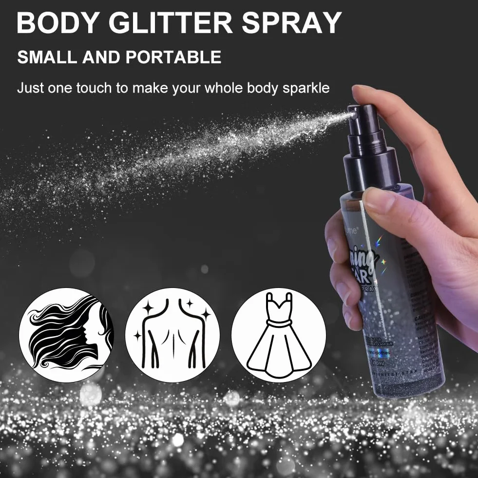 LOPHE Brokatowy Spray do Włosów i Ciała - 100 ml, Srebrny na Boże Narodzenie i Imprezę Rave (1 Sztuka)