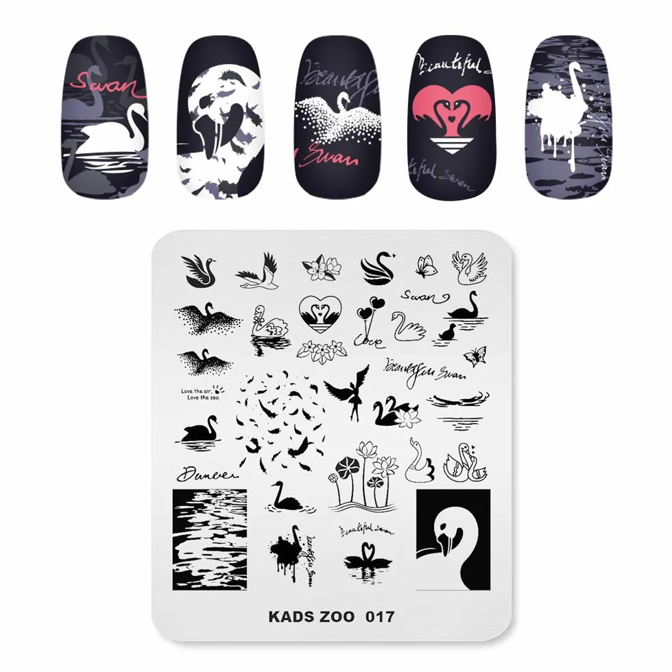KADS Płytki do stemplowania paznokci zestaw stempli geometria łabędź 2 szablony + 1 silikonowy stempel