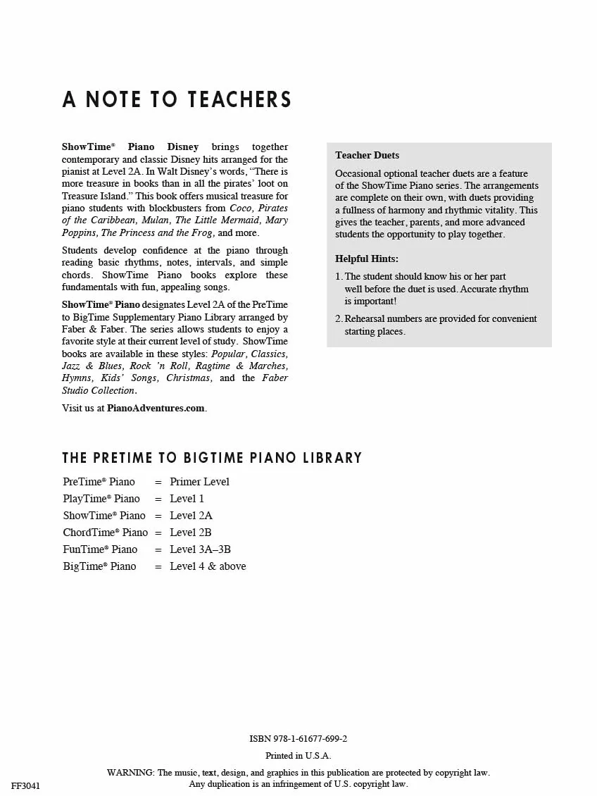 Nancy faber : showtime piano disney level 2a - piano