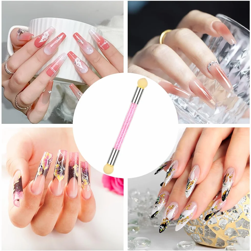 Narzędzia do renderowania paznokci, podwójna głowica Ombre Sponge Stick, gąbka do paznokci i pędzelek do kropek, aplikator gąbki, pędzel do pigmentów, aplikator pigmentowy (w zestawie 4 zapasowe)