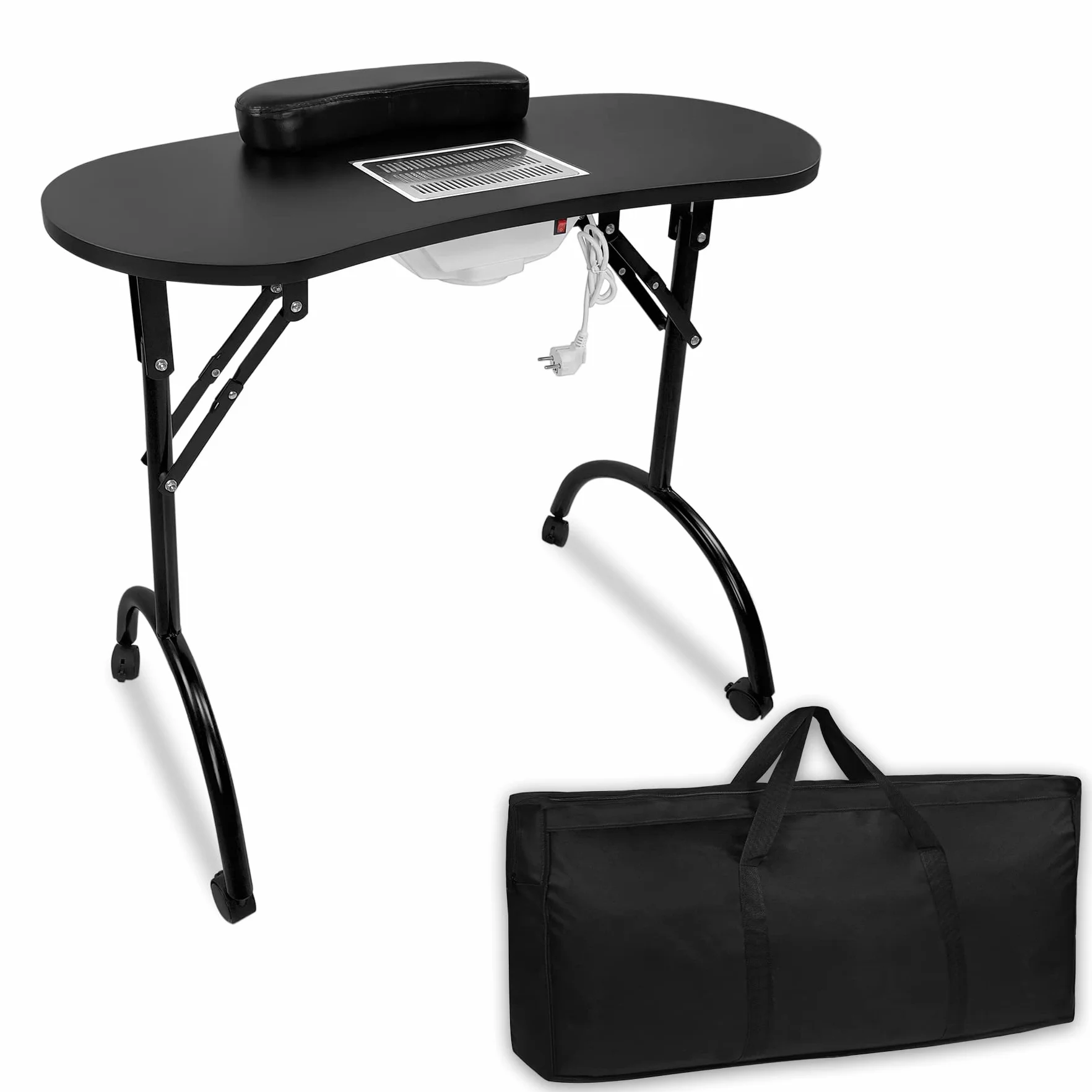 Froadp Zestaw Stolików do Manicure 90x33x77cm Składane Stoły do Paznokci Mobilny Stolik do Manicure z Poduszką na Rękę z PU, Odkurzaczem do Paznokci, Torbą na Kurz i Torbą do Przechowywania (Czarny)