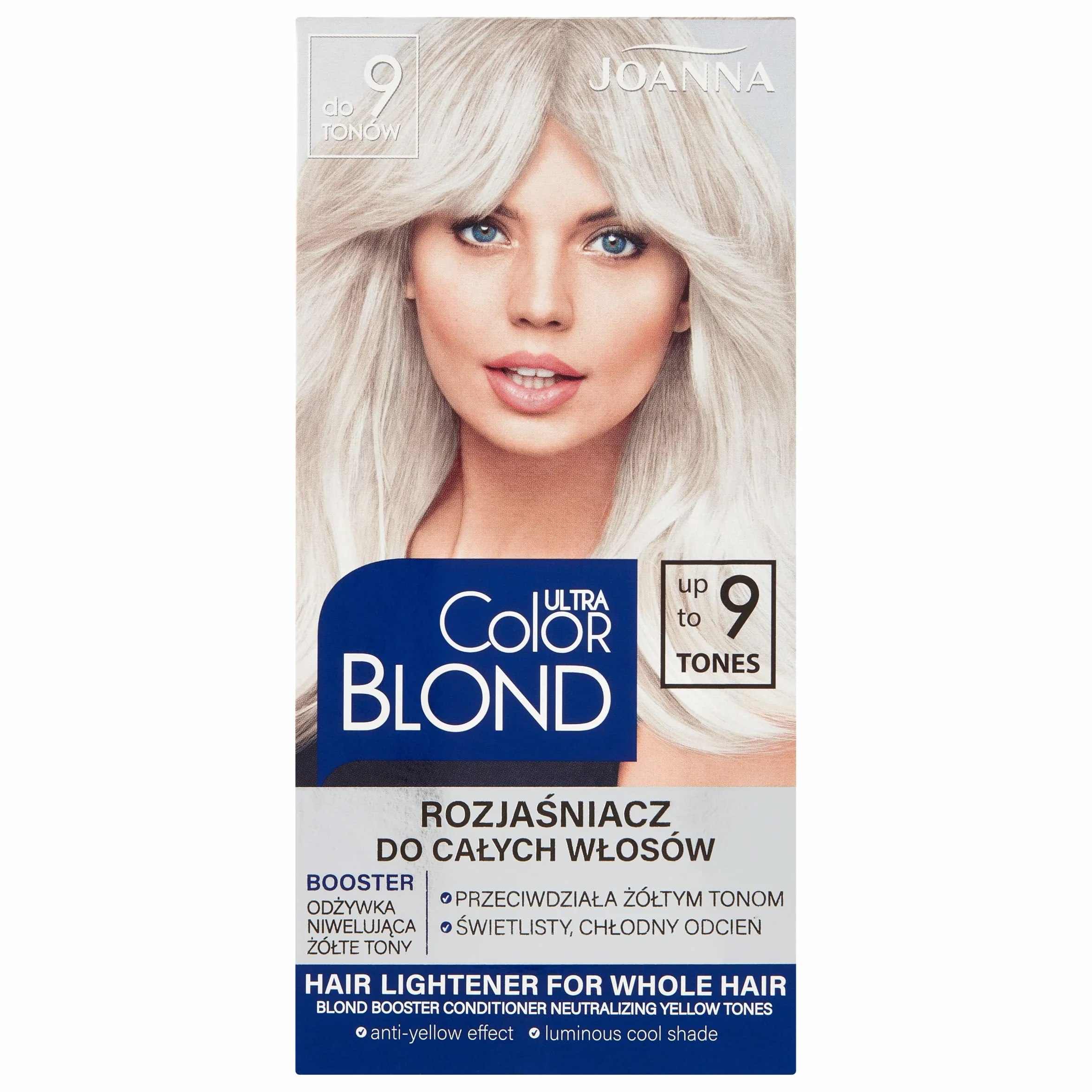 JOANNA Ultra Color Blond rozjaśniacz do włosów, rozjaśnianie włosów, do 9 odcieni, długotrwały połysk i czystość koloru blond, do pasemek i balejażu, chłodny odcień