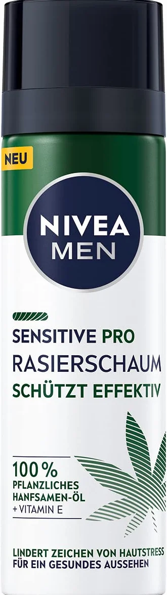 NIVEA MEN Sensitive Pro pianka do golenia (200 ml), delikatna pianka do golenia z olejkiem z nasion konopi i witaminą E, ochrona przed podrażnieniami skóry, zapewnia delikatne i gładkie golenie