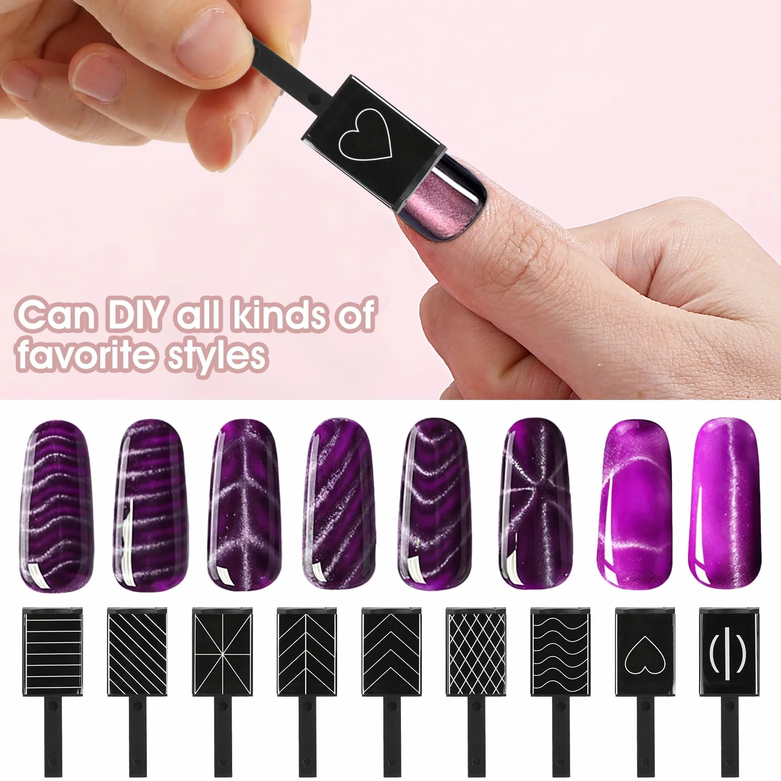 Andibro 14 sztuk narzędzi do zdobienia paznokci w sztyfcie magnetycznym, zestaw narzędzi do zdobienia paznokci DIY Magic 3D Cat Eye Stick do stosowania z żelem kocim lub lakierem do paznokci do