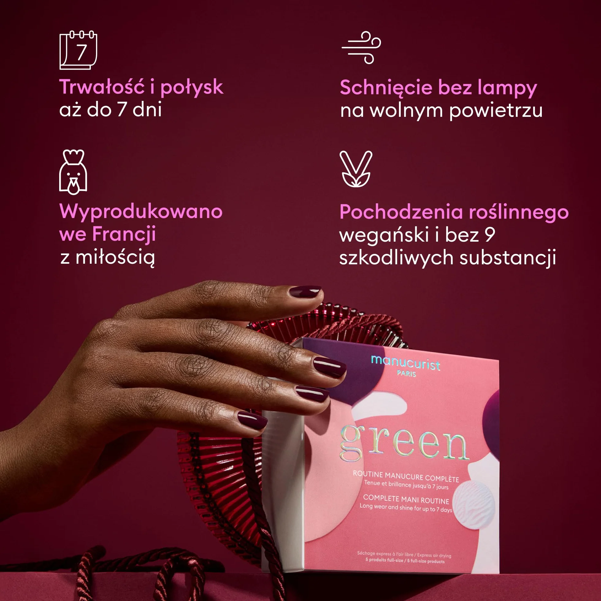 Manucurist Green System Holiday Gift Set with Plum - profesjonalny zestaw do manicure wegańskiego na bazie roślin: 1 odtłuszczacz, 1 x lakier bazowy, 1 x lakier do paznokci Dark Wine, 1 lakier