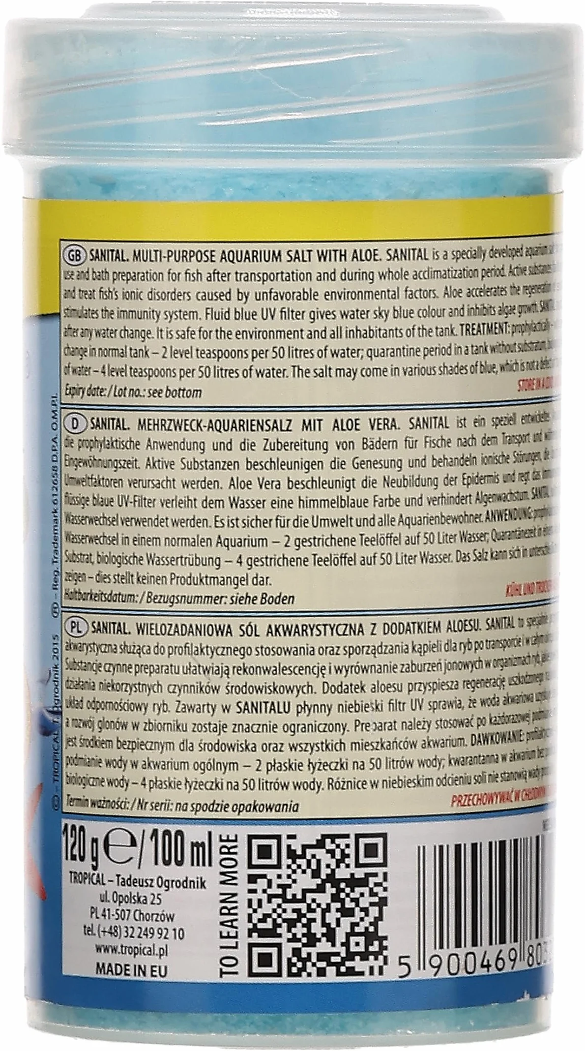 Sól akwarystyczna z aloesem SANITAL + ALOEVERA 100ml 120g