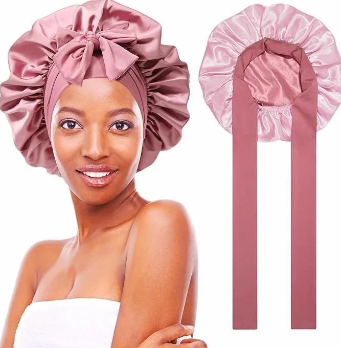 Satin Bonnet Night Sleep Cap, dwustronny jedwabny kaptur do spania, regulowana jedwabna czapka, jedwabne loki, oddychająca jedwabna czapka do spania dla kobiet, kręcone, długie włosy, różowa, Rosa, 60