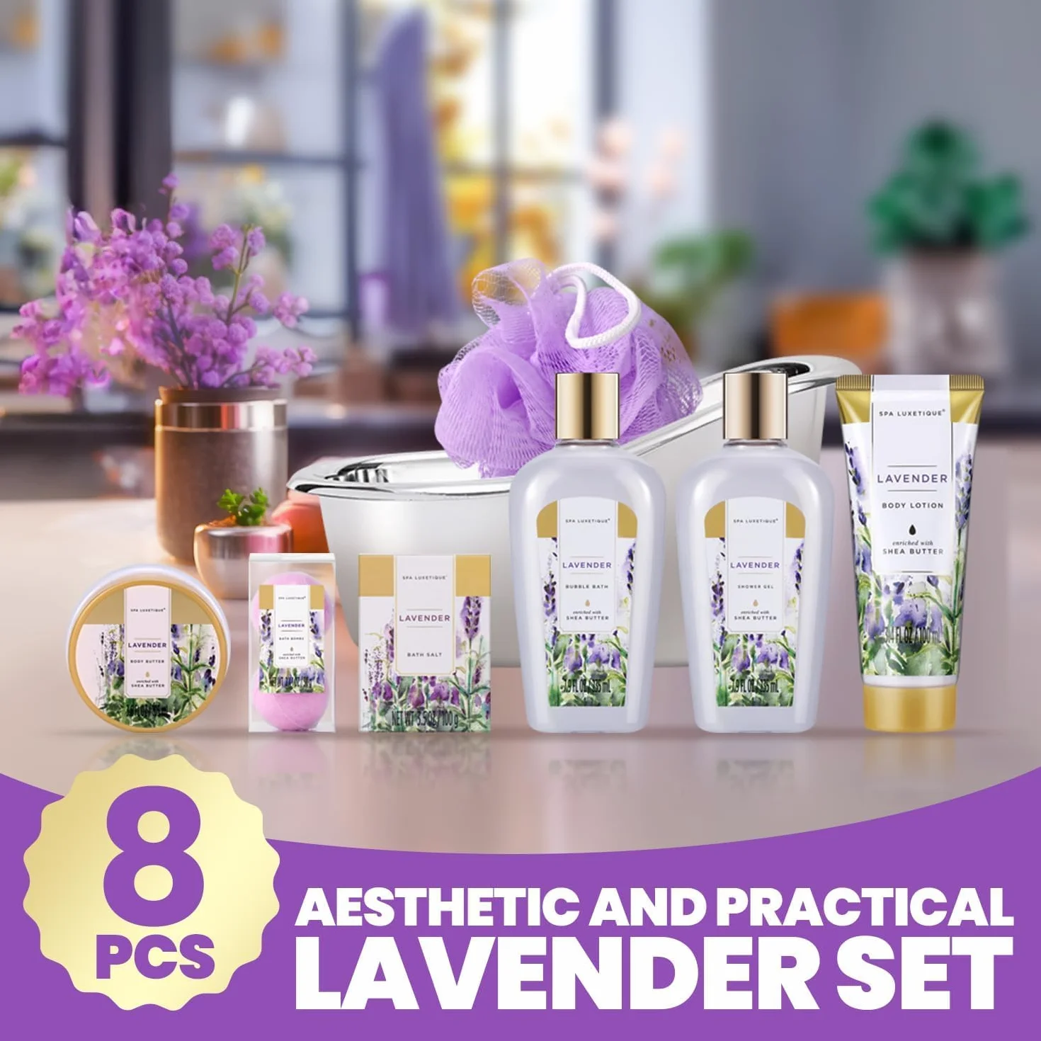 Damski zestaw prezentów łazienkowych -8 części damski lawendowy zestaw zdrowia perfum, prezent urodzinowy z dekoracją łazienki -Geschenk-Set für Frauen, Bad Geschenk