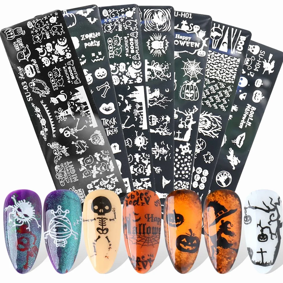Talerz do stemplowania na Halloween Nail Art - JMEOWIO 7 arkuszy dynia czaszka duch wiedźma obraz płytka paznokcia sztuka design zestaw stempli do manicure zestaw szablonów