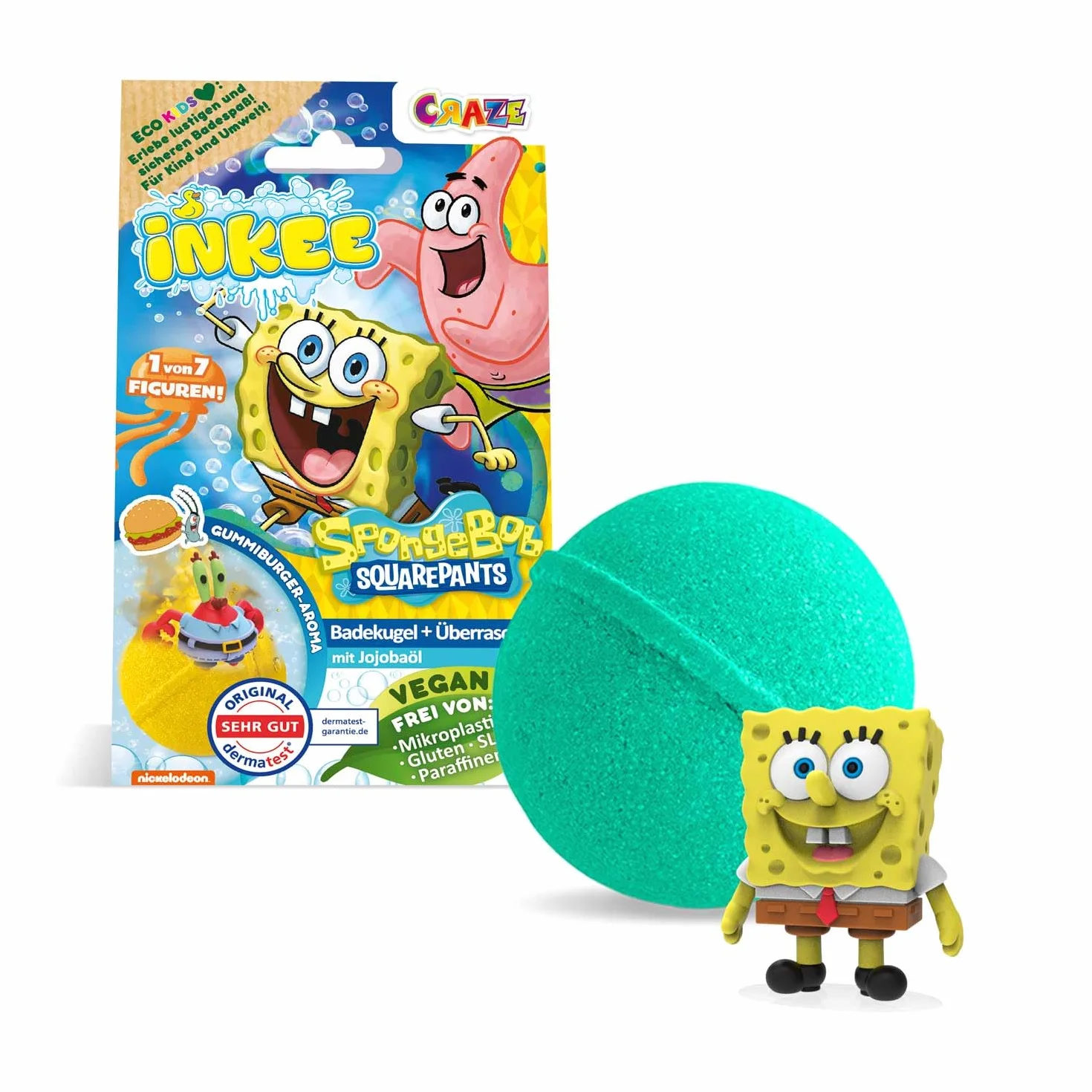 INKEE SpongeBob Bomba do Kąpieli dla Dzieci z Niespodzianką Figurki Kula 80g Aromat Burger-Gumy Olej Jojoba Turkusowa Żółta