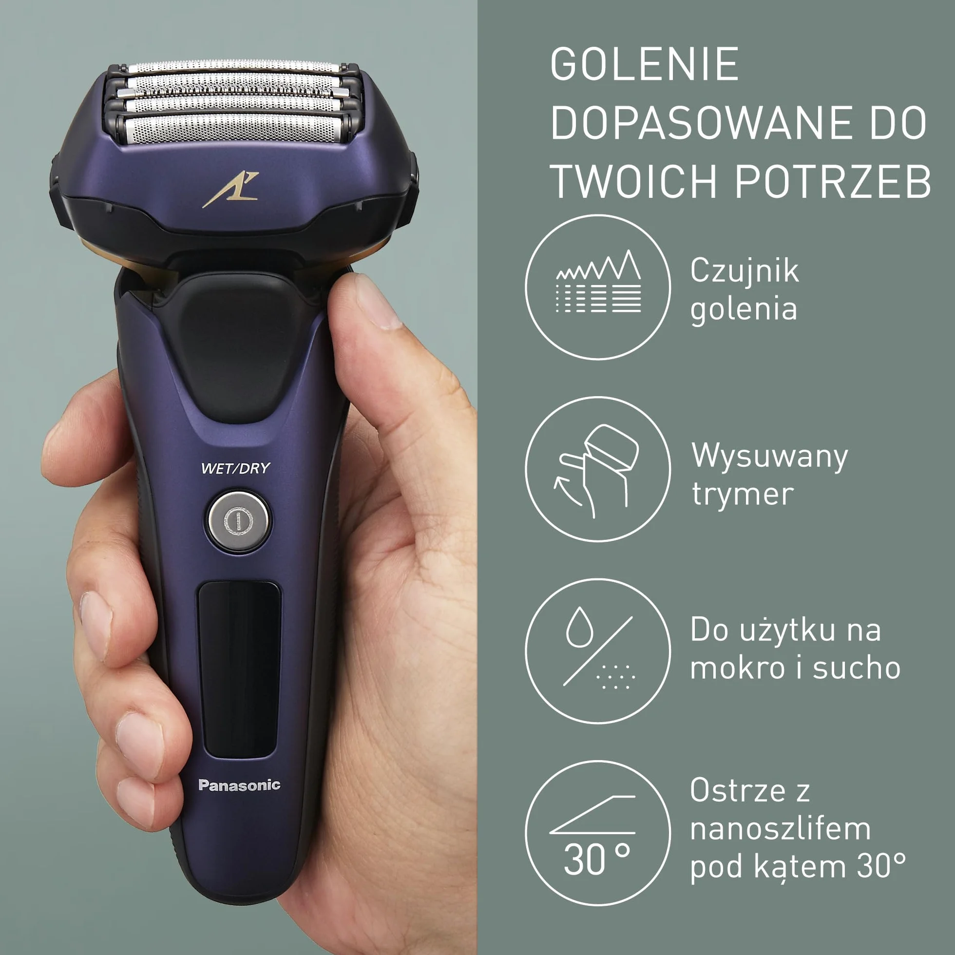 Panasonic Series 800 ES-LV67 golarka na mokro/sucho, 5-krotna głowica tnąca z silnikiem liniowym, w zestawie trymer do długich włosów, granatowy