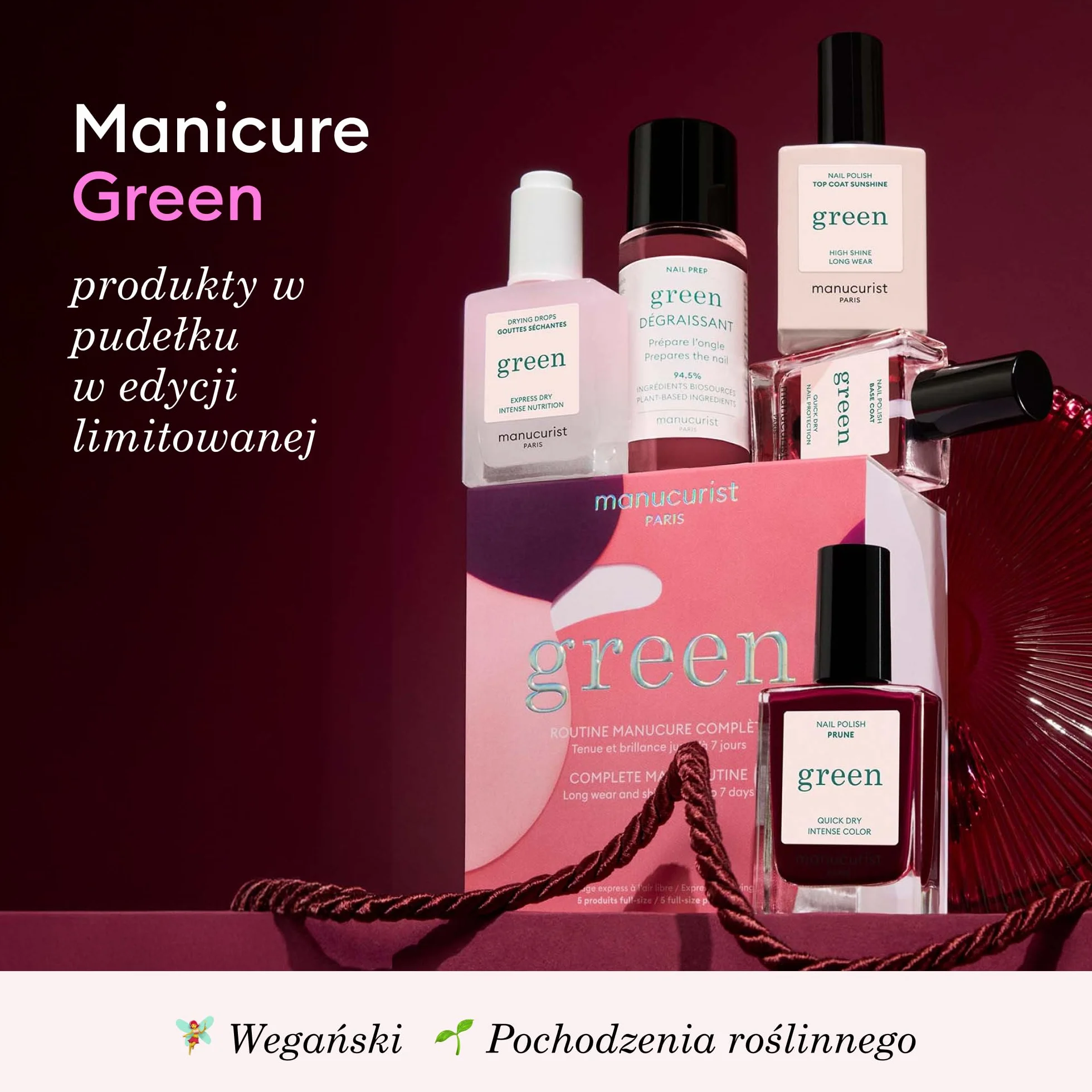 Manucurist Green System Holiday Gift Set with Plum - profesjonalny zestaw do manicure wegańskiego na bazie roślin: 1 odtłuszczacz, 1 x lakier bazowy, 1 x lakier do paznokci Dark Wine, 1 lakier