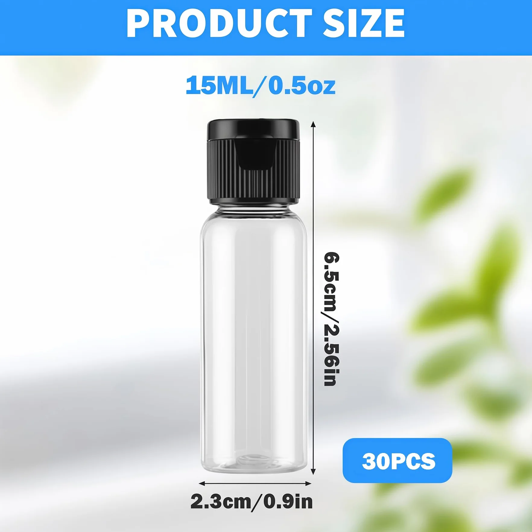 Happyupcity 30 szt. 15 ml / 14,2 g puste przezroczyste plastikowe butelki podróżne z czarną zakrętką fiolka na próbki kosmetyków mały dozownik pojemnik na zmiękczającą wodę płynny żel pod prysznic