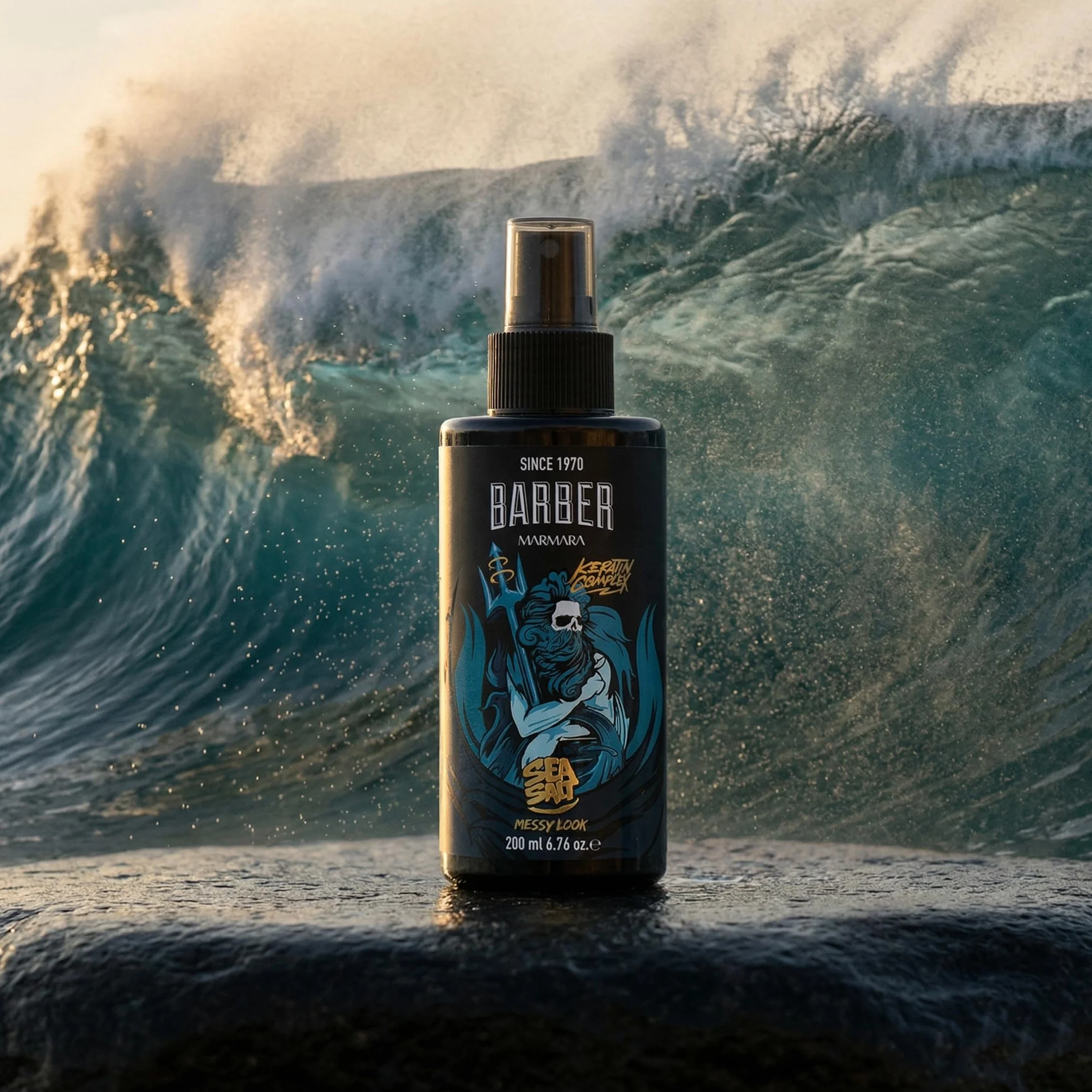 Barber Marmara Spray z solą morską Poseidon 200ml do stylizacji męskich włosów, tekstura, objętość, matowe wykończenie, fale plażowe z aloesem i keratyną.