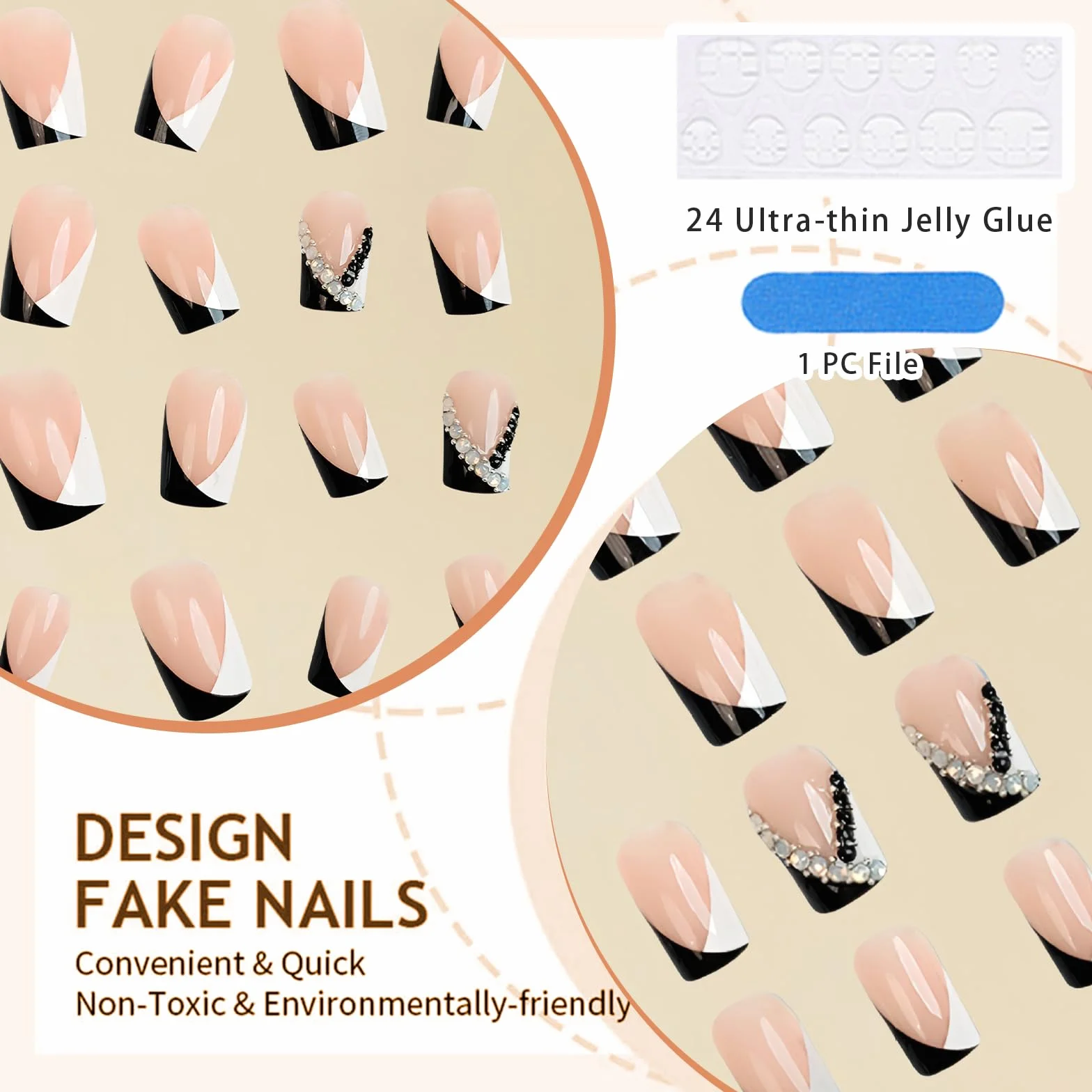 GlamRays 24 sztuki Press On Nails krótkie coffin kwadratowe sztuczne paznokcie z czarno-białymi francuskimi paznokciami z błyszczącymi sztucznymi paznokciami z klejem na paznokciach