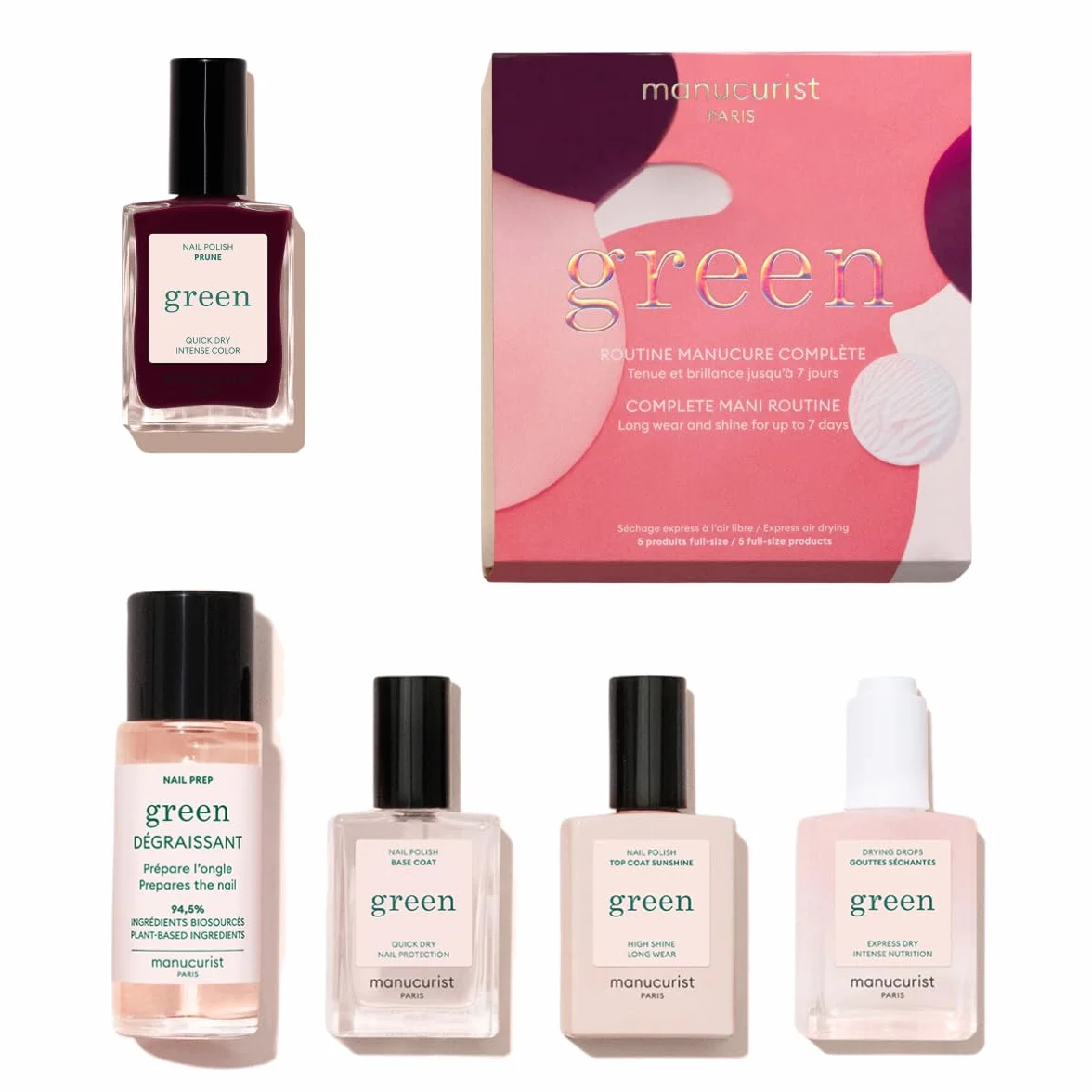 Manucurist Green System Holiday Gift Set with Plum - profesjonalny zestaw do manicure wegańskiego na bazie roślin: 1 odtłuszczacz, 1 x lakier bazowy, 1 x lakier do paznokci Dark Wine, 1 lakier
