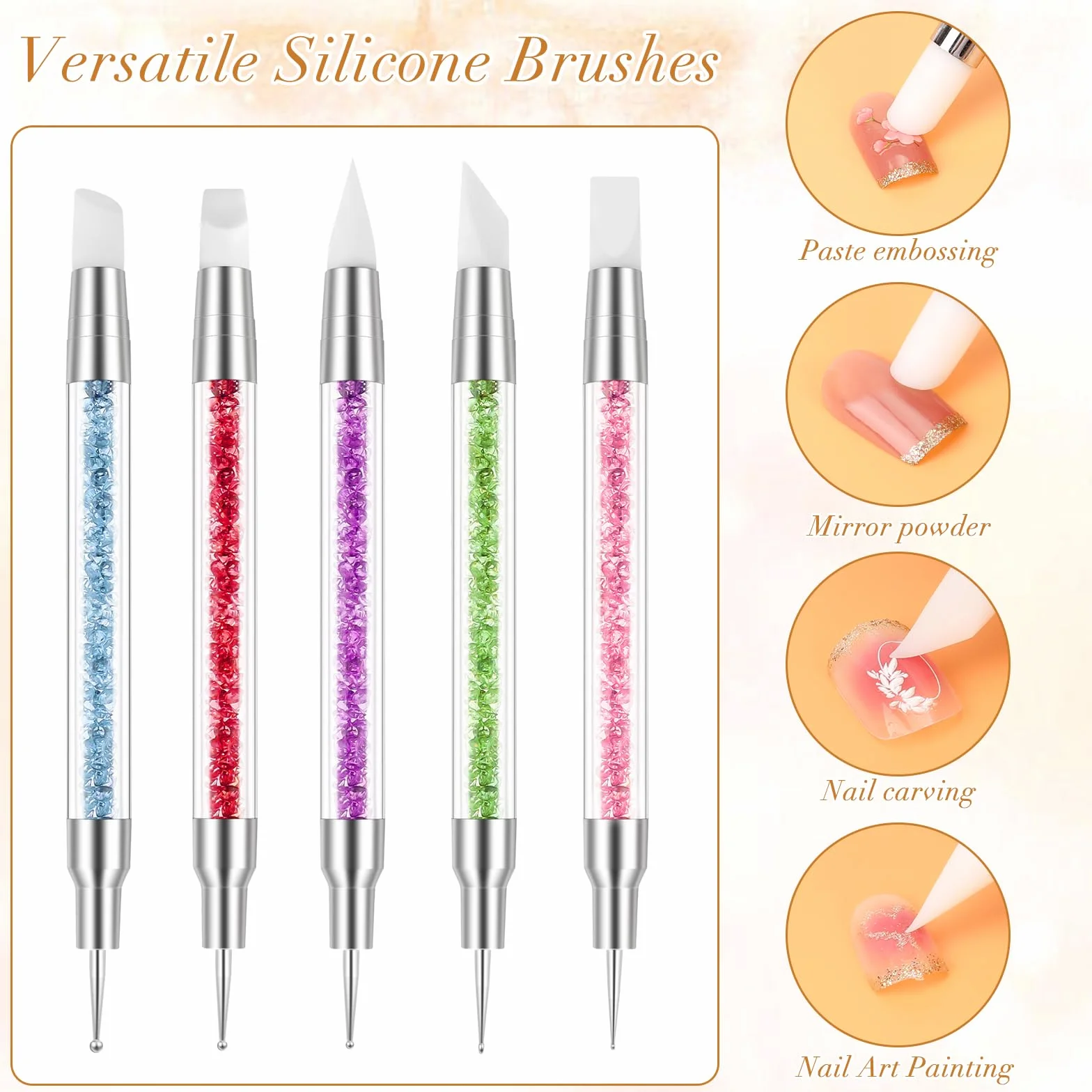 Zestaw 5 silikonowych pędzli do zdobienia paznokci Nail Art Dotting Tools podwójna główka