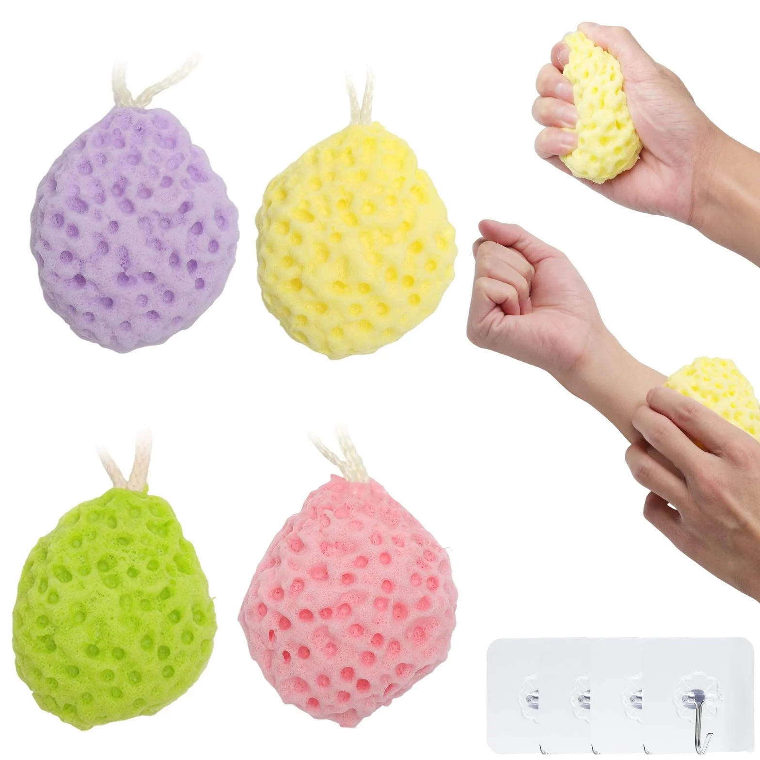 Zestaw 4 gąbek do kąpieli z haczykami - naturalne materiały, peeling, miękka pianka