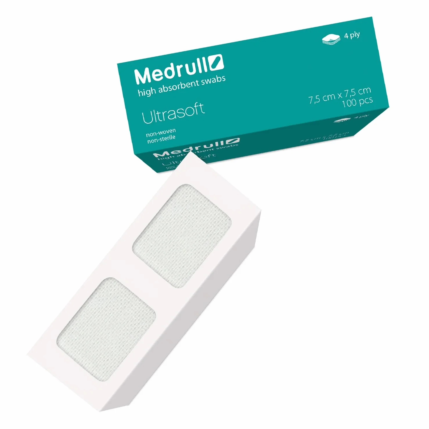 Medrull Kompresy z Włókniny 7,5 x 7,5 cm 100 sztuk 4 Warstwy Niesterylne