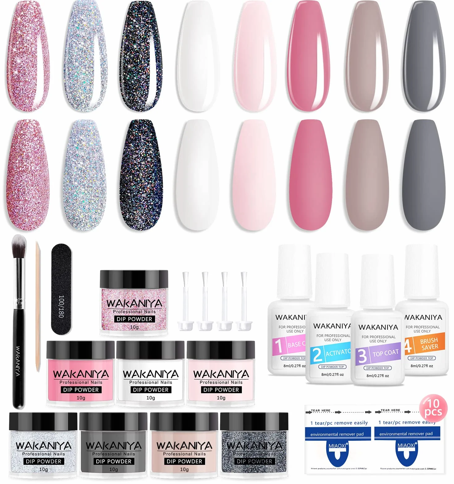 Zestaw do dippingu proszkowego, 8 kolorów Nude Grey Dip Powder Nail Kit Starter with Top Base Coat Activator & Manicure Tools, Dip Powder Nail Kit for French DIY Home Nail System