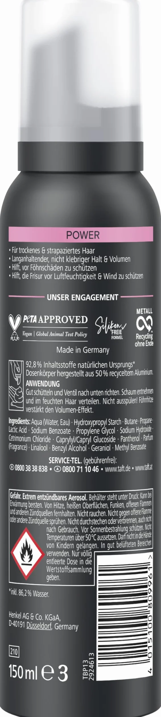 Schwarzkopf Taft Pianka Power Cashmere (150 ml), stopień trwałości 5, pianka do włosów suchych i zniszczonych włosów, mus do włosów o elastyczności przypominającej kaszmir, wegańska formuła