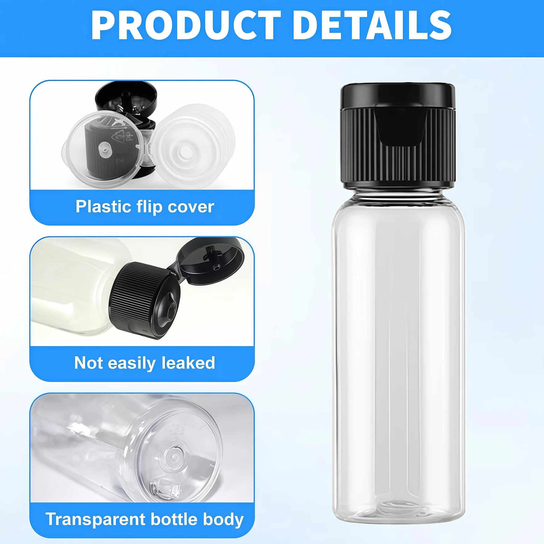 Happyupcity 30 szt. 15 ml / 14,2 g puste przezroczyste plastikowe butelki podróżne z czarną zakrętką fiolka na próbki kosmetyków mały dozownik pojemnik na zmiękczającą wodę płynny żel pod prysznic