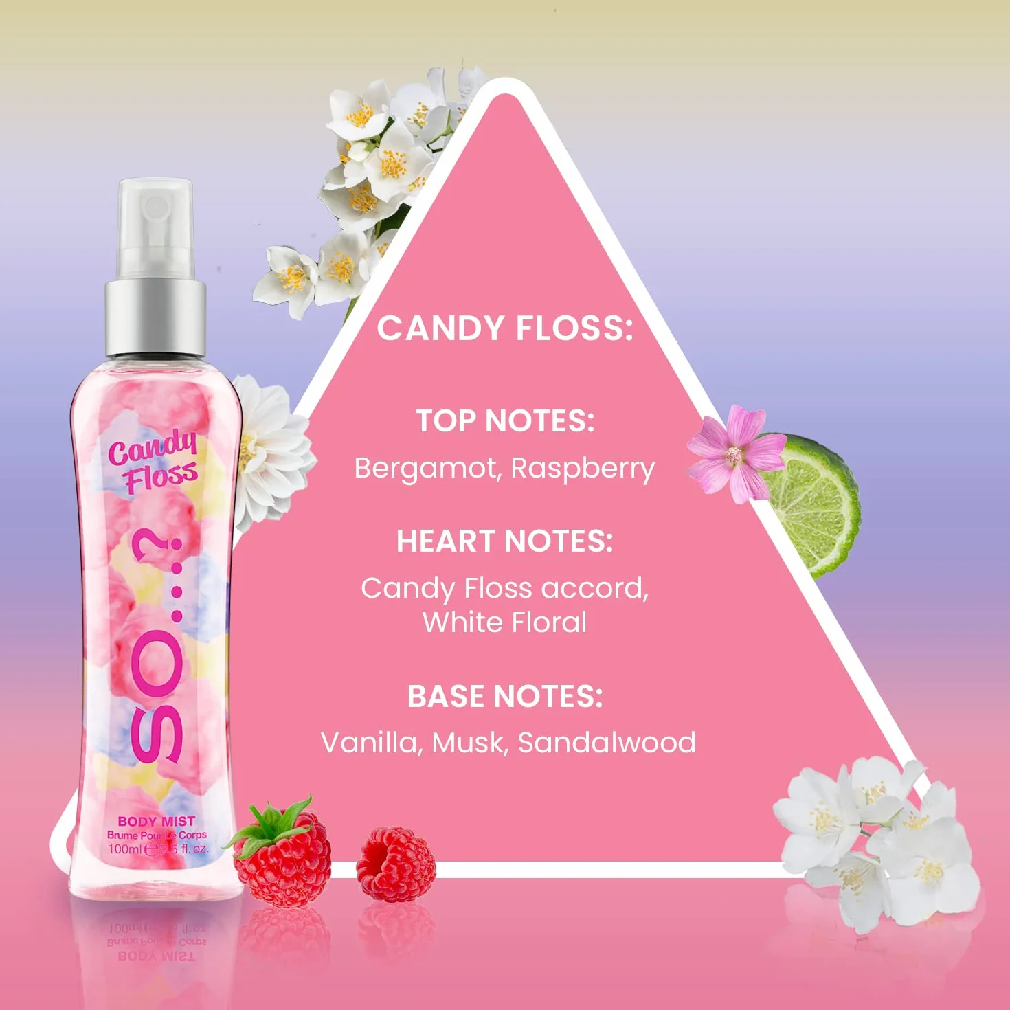 So... ? Spray do ciała dla kobiet z nutami zapachowymi Candy Floss, wanilia, Sweet Pea, 3 x 100 ml