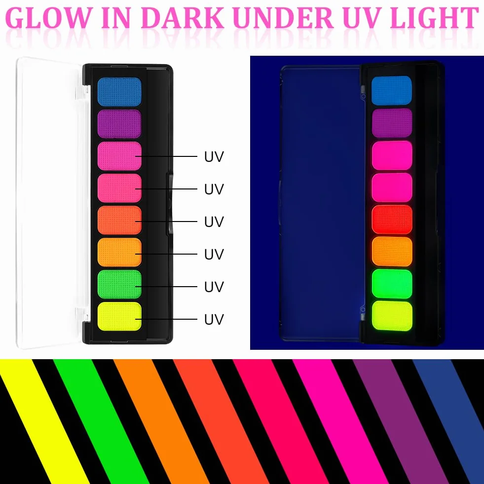 Neon zestaw do makijażu UV 8 kolorów farba do twarzy baza wodna paleta eyelinera Halloween karnawał