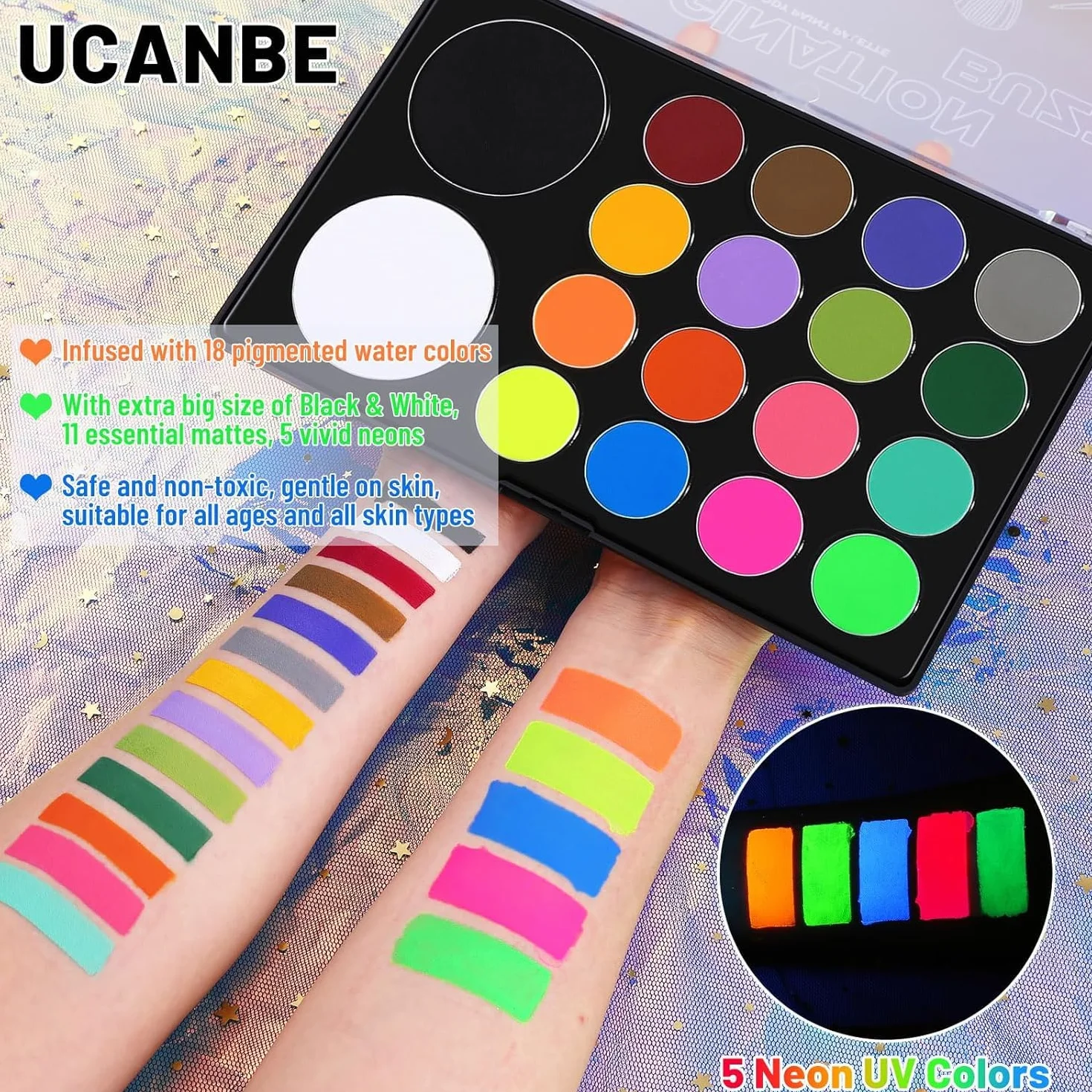 UCANBE Halloween Farba do twarzy 18 kolorów z dużą bielą, czernią, malowanie twarzy UV, malowanie ciała aktywowane wodą farby do makijażu, kolory brzucha ciąża bezpieczne