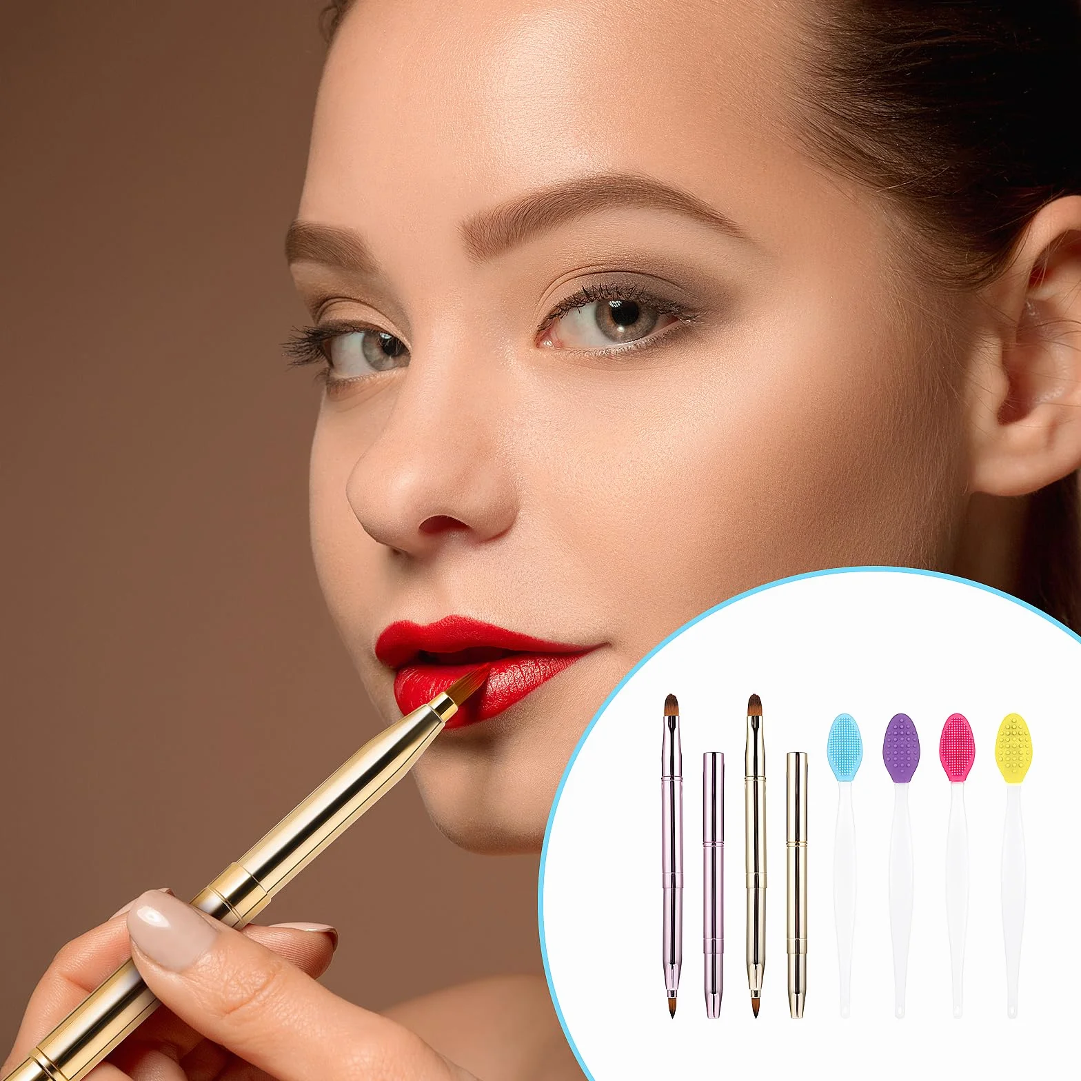 Zestaw 6 silikonowych pędzli do ust, dwustronny peeling, aplikator do szminek i kremów