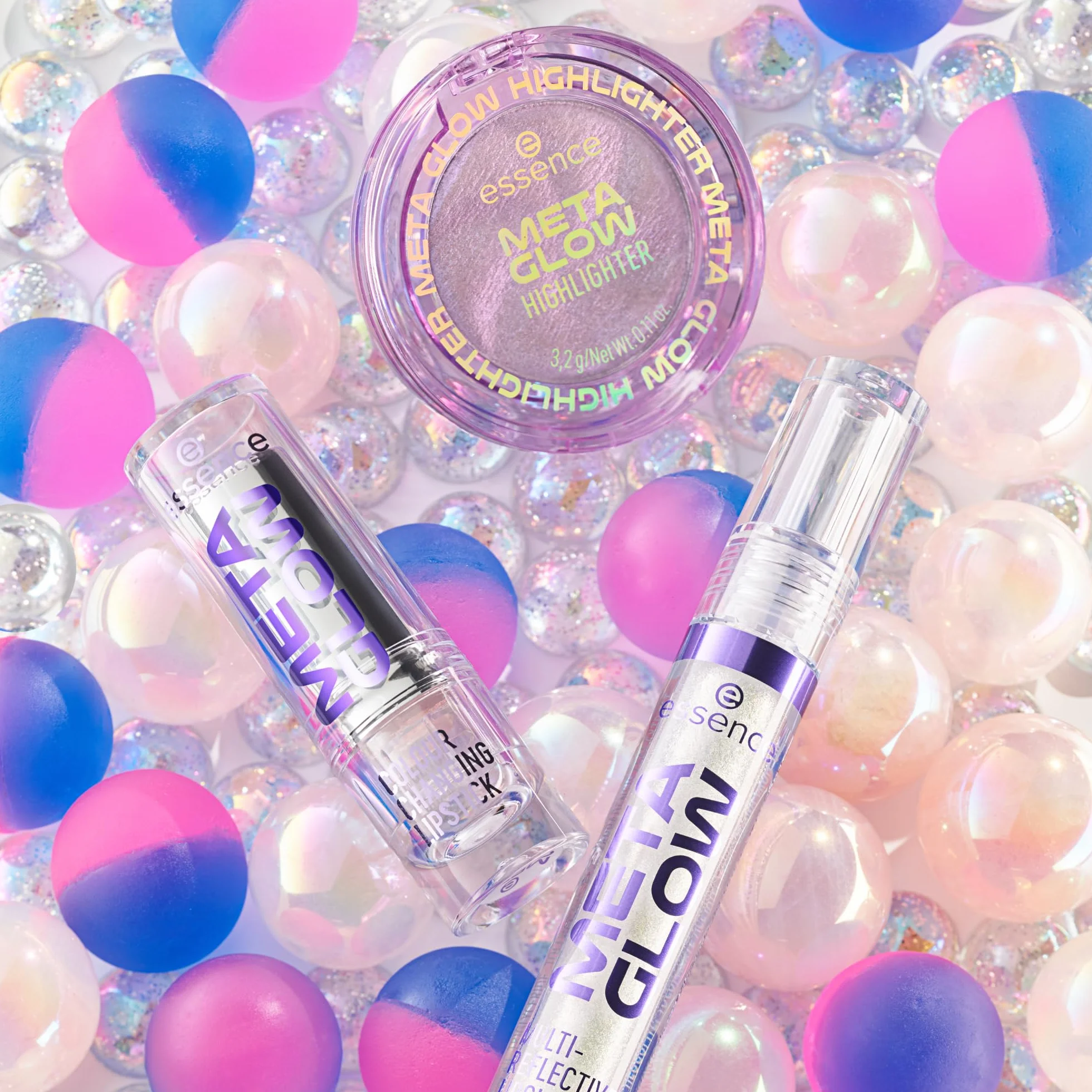 essence Rozświetlacz do twarzy META GLOW HIGHLIGHTER, konturowanie, rozjaśnianie, natychmiastowy wynik, mieniący się (3.2g)