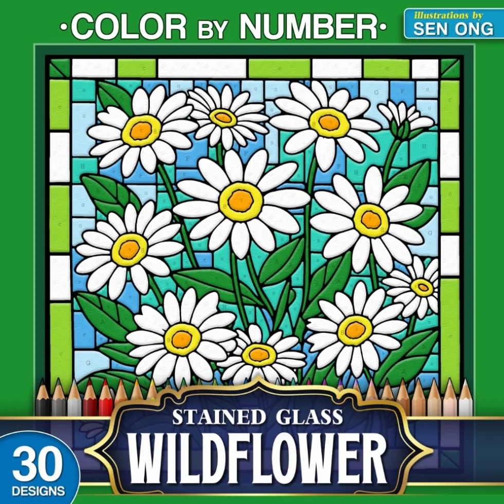 Wildflower Dreams Stained Glass Color by Number: 30 Radiant Blossoms in Vibrant Landscapes
