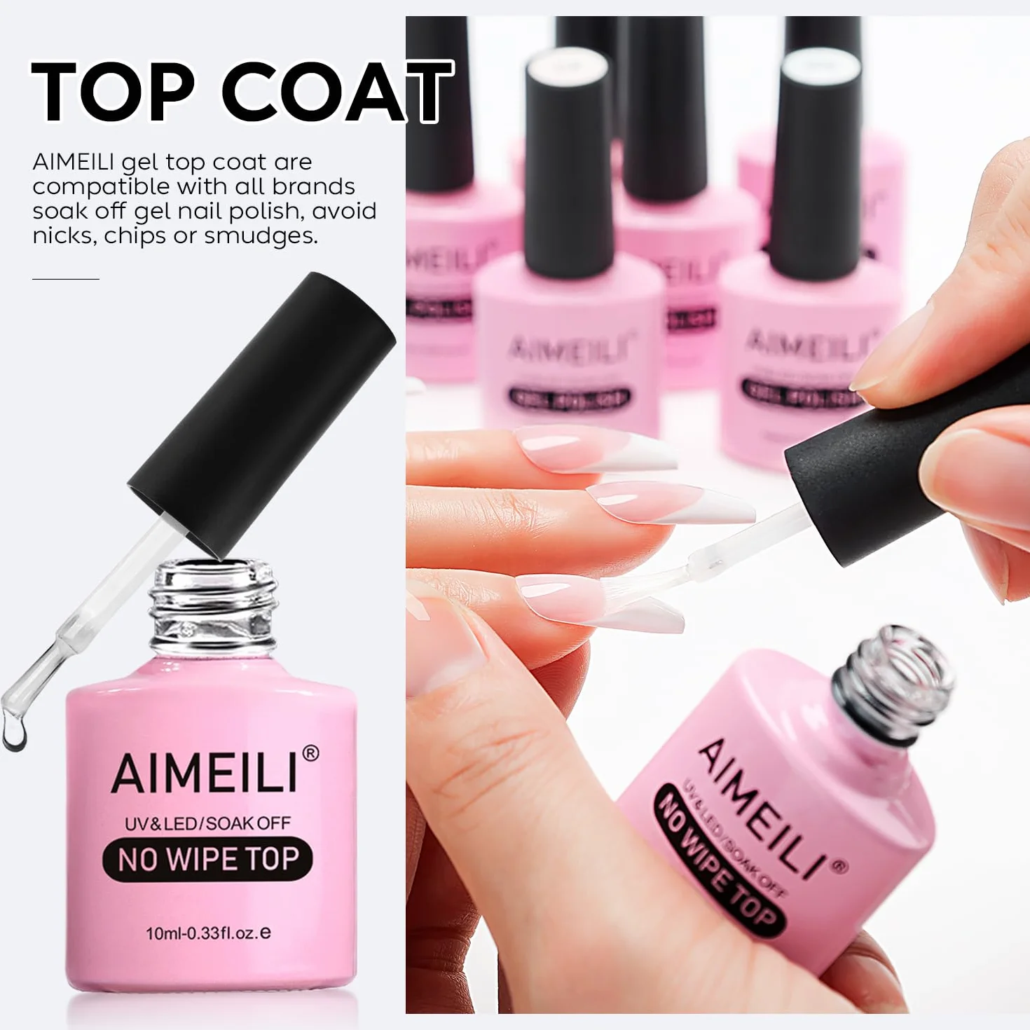 AIMEILI Lakier żelowy Top Coat – przezroczysty lakier UV LED Soak Off Nail Art, błyszczące wykończenie o wysokim połysku, trwały, łatwy w aplikacji, bez odprysków, 10 ml