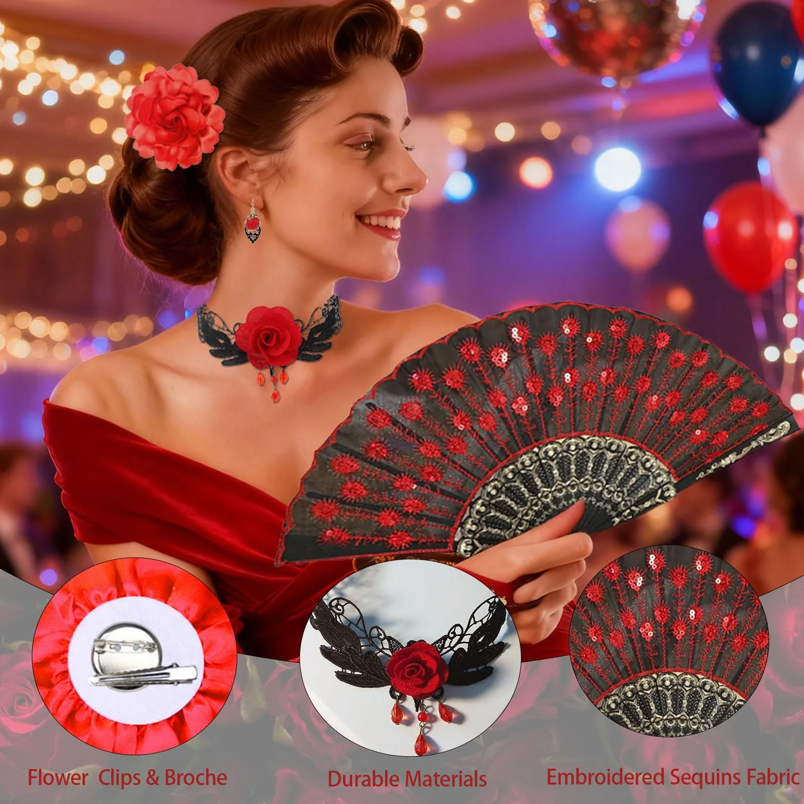 Haftowany wachlarz choker kolczyki kwiat róży spinka do włosów hiszpański kostium tancerki flamenco