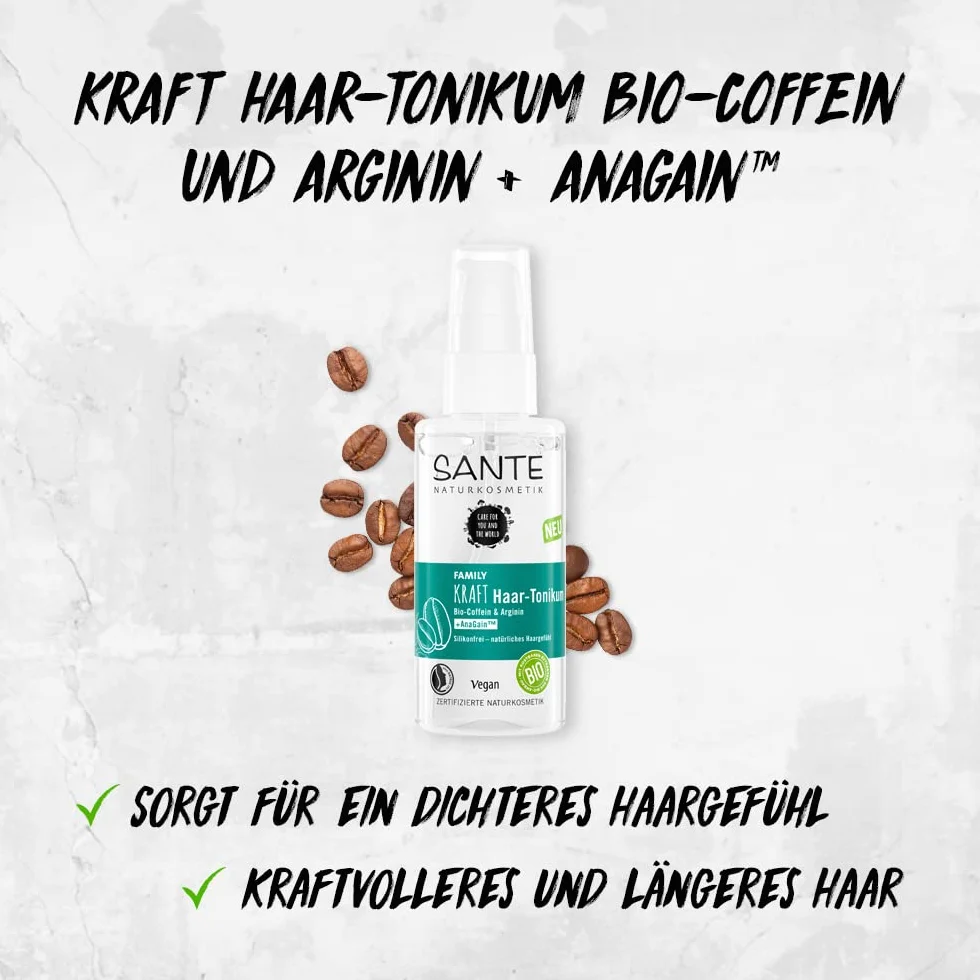 SANTE Naturkosmetik Wzmacniający spray przeciw wypadaniu włosów, zabieg skóry głowy dla zdrowych i pełnych włosów, z biokofeiną, argininą i angininą, tonikiem do włosów, 1 x 75 ml