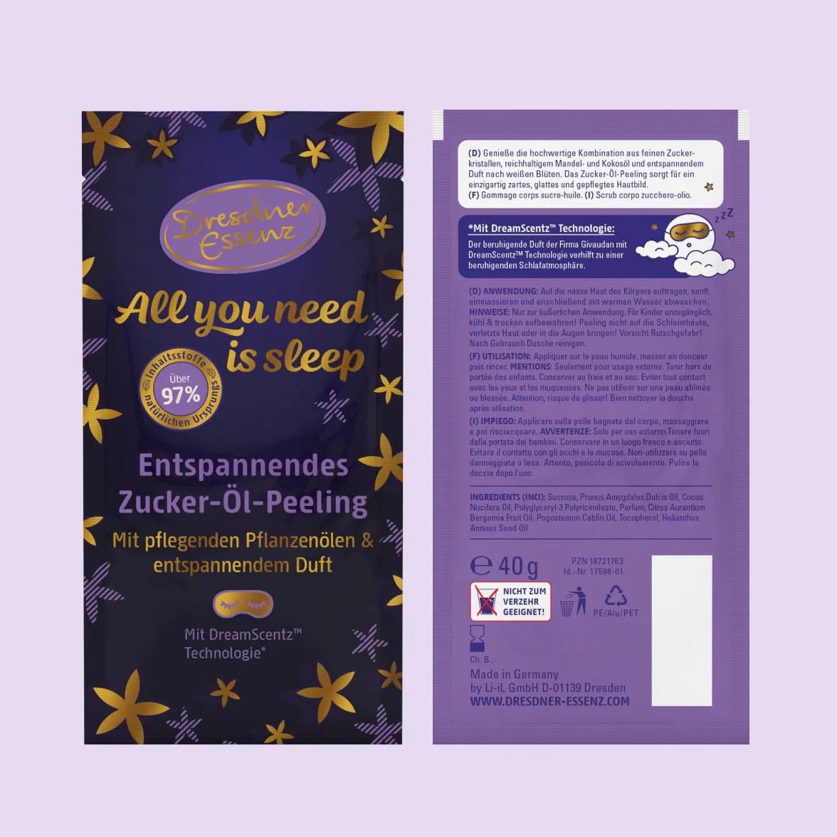 Dresdner Essenz Eliksir do kąpieli All you need is sleep 350 ml + peeling z olejkiem cukrowym 40 g | relaksująca przyjemność z kąpieli | zestaw upominkowy dla kobiety | zestaw rozpieszczający wellness