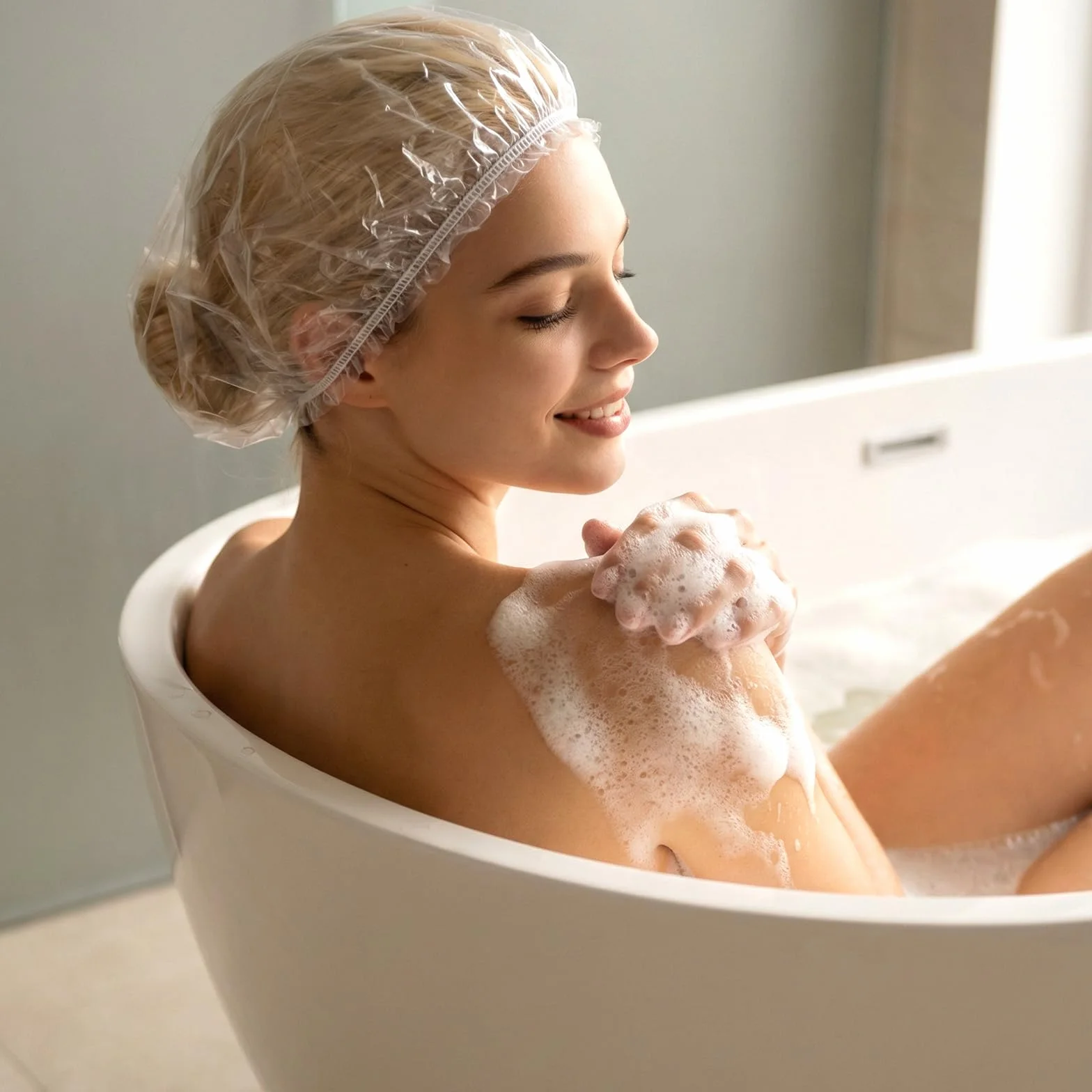 100 sztuk czepków prysznicowych jednorazowych dla kobiet i mężczyzn, 42 cm, gruba przezroczyste elastyczna wodoszczelna czepki do włosów, do salonu, spa, hotelu, prysznic, użytku domowego