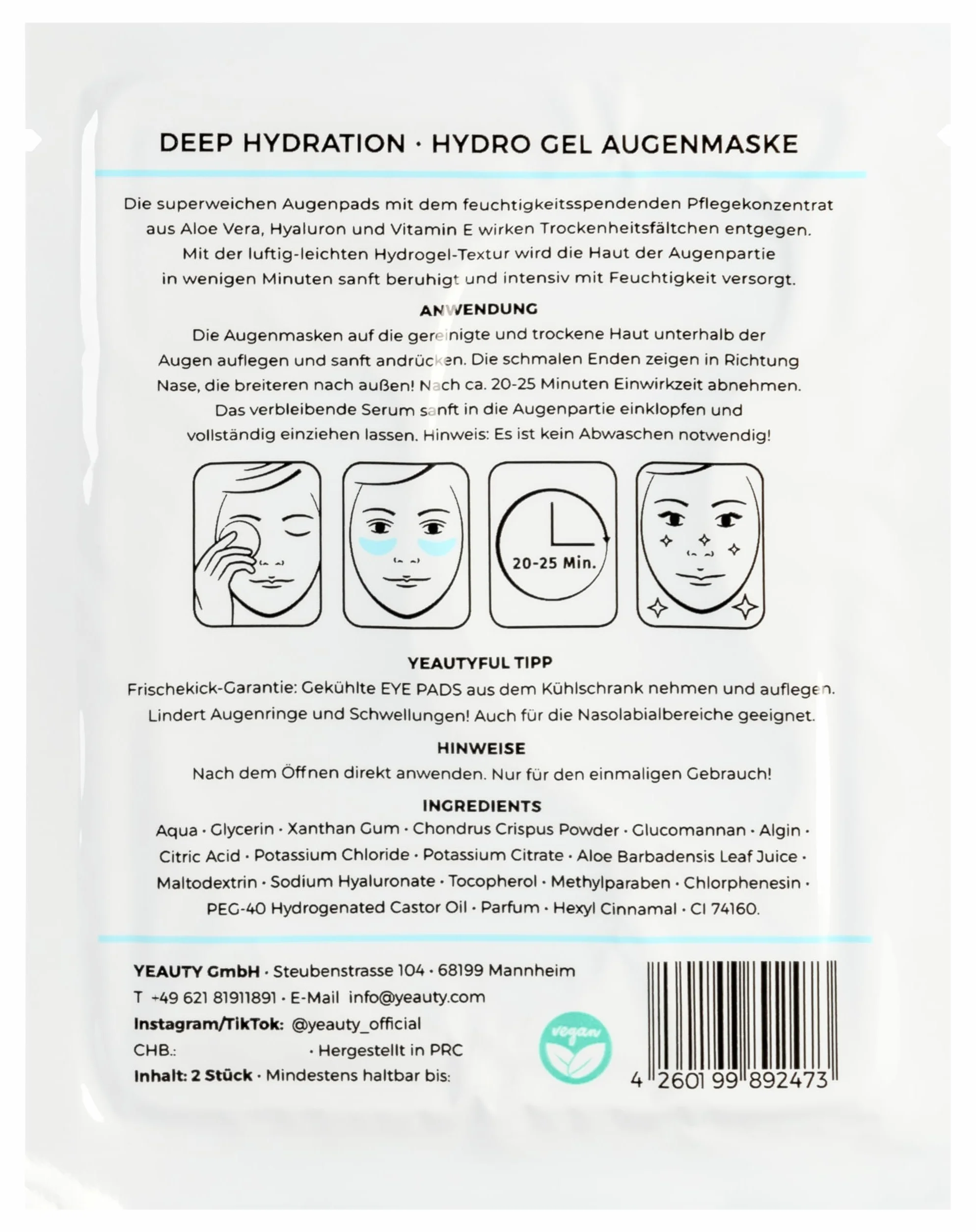 YEAUTY Deep Hydration Eye Pad Mask Nawilżające Płatki Pod Oczy z Aloesem Kwasem Hialuronowym Witaminą E