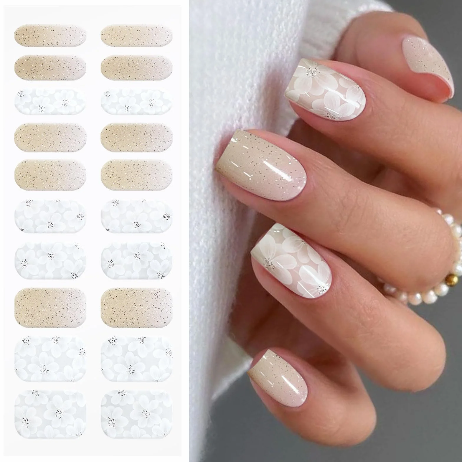 JMEOWIO Białe Kwiaty Glitter Folia do paznokci Żel UV Nail Art Naklejki Naklejki na paznokcie Selbst Sticking Nail Decoration