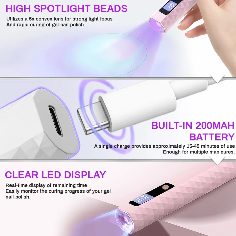 Flintronic Lampa UV do paznokci żelowych, przenośna mini ładowalna, 2 tryby timera, LED z wyświetlaczem LCD