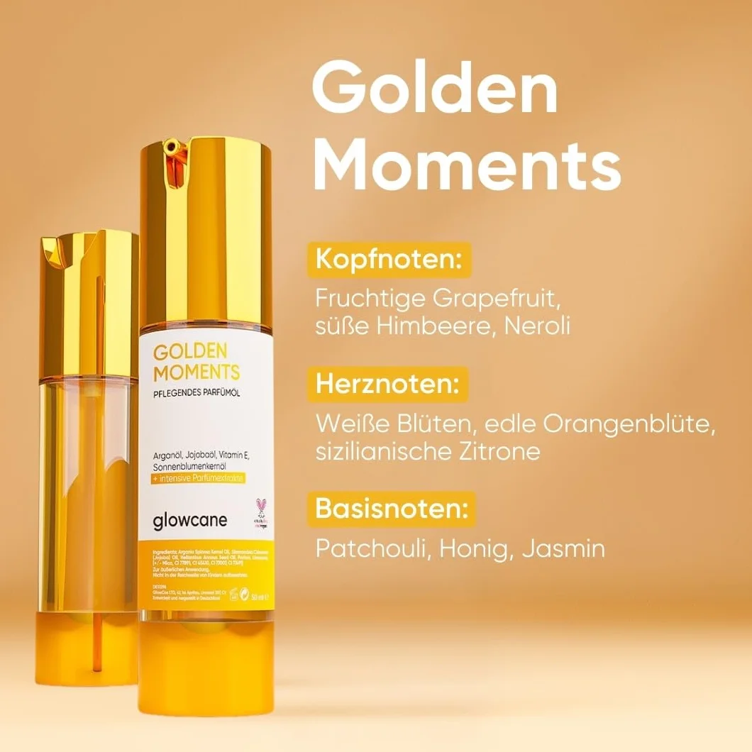 glowcane Golden Moments olejek perfumowany dla kobiet, luksusowy i owocowy zapach, w 100% bez alkoholu, odżywczy kompleks olejków | prezenty dla kobiet | bez szkodliwych substancji, bez okrucieństwa i