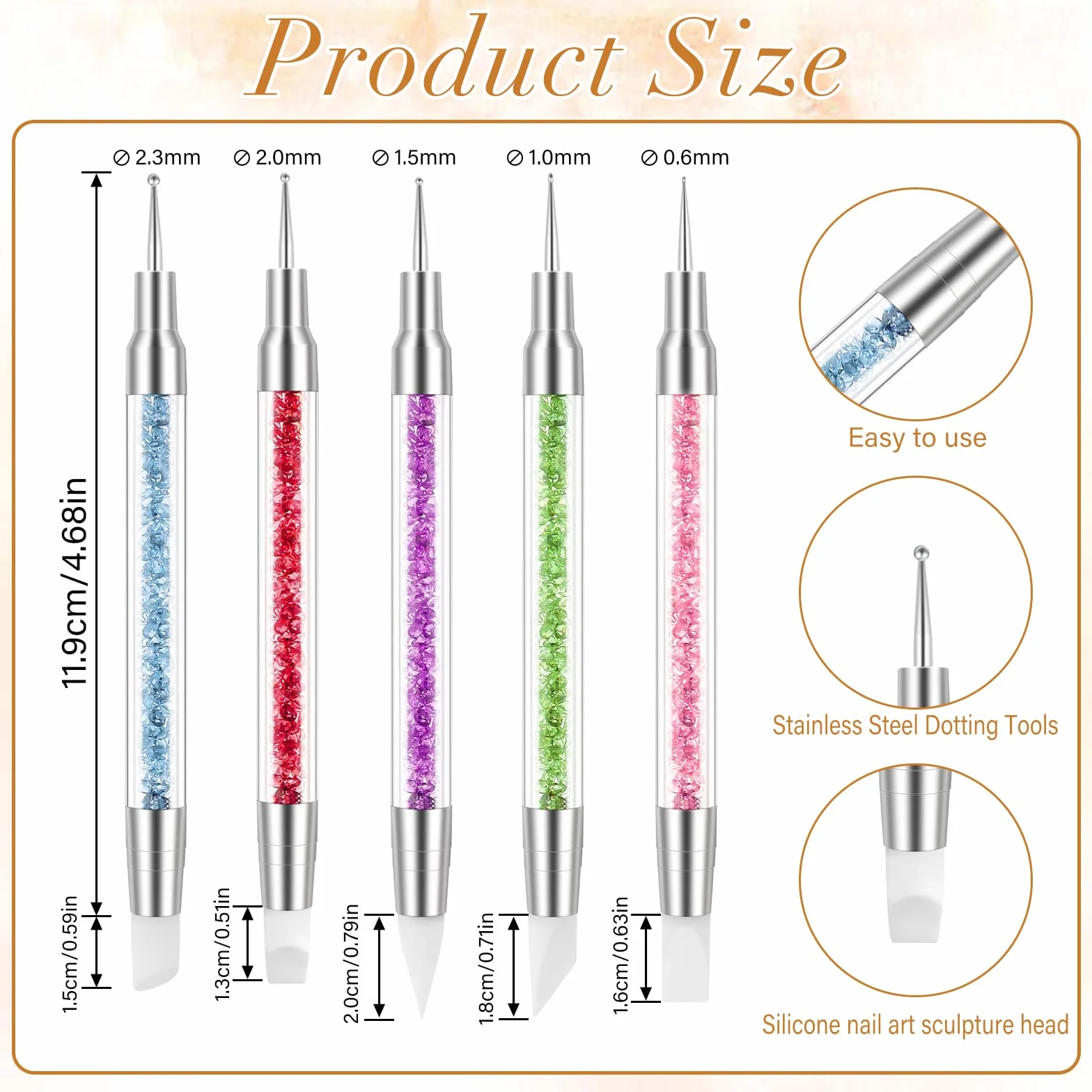 Zestaw 5 silikonowych pędzli do zdobienia paznokci Nail Art Dotting Tools podwójna główka